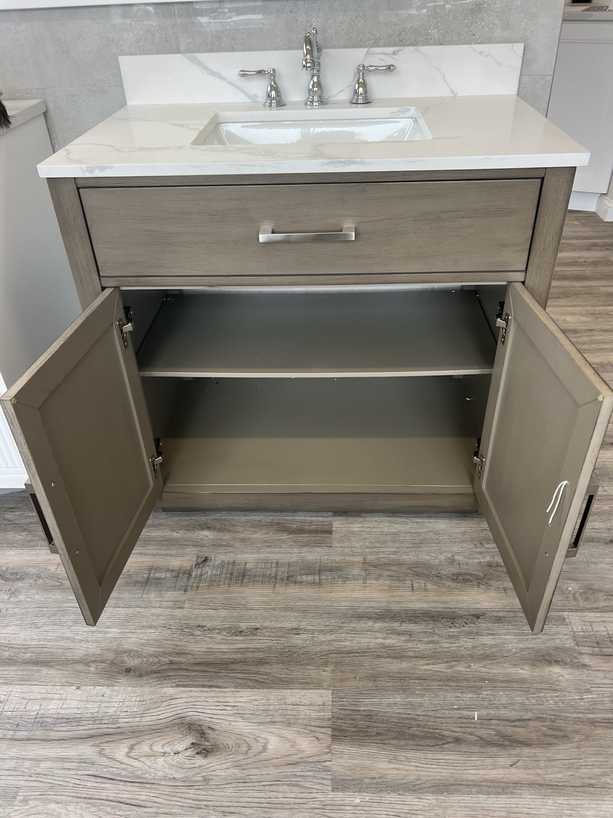 floor model Sale! 36” Gray Oak Bathroom Vanity With Quartz Top & Backsplash