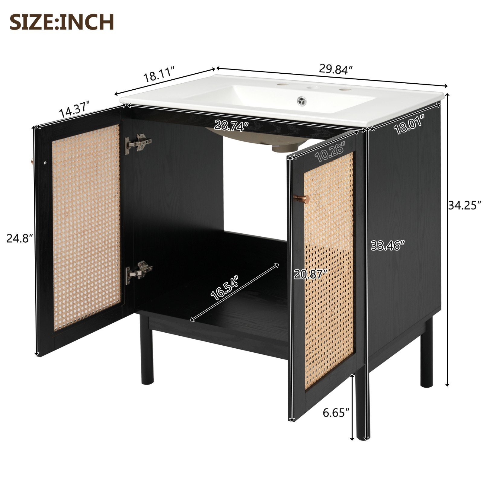 30″ Bathroom Vanity w/ Sink, Freestanding Vanity Storage Cabinet, 2 Rattan Doors