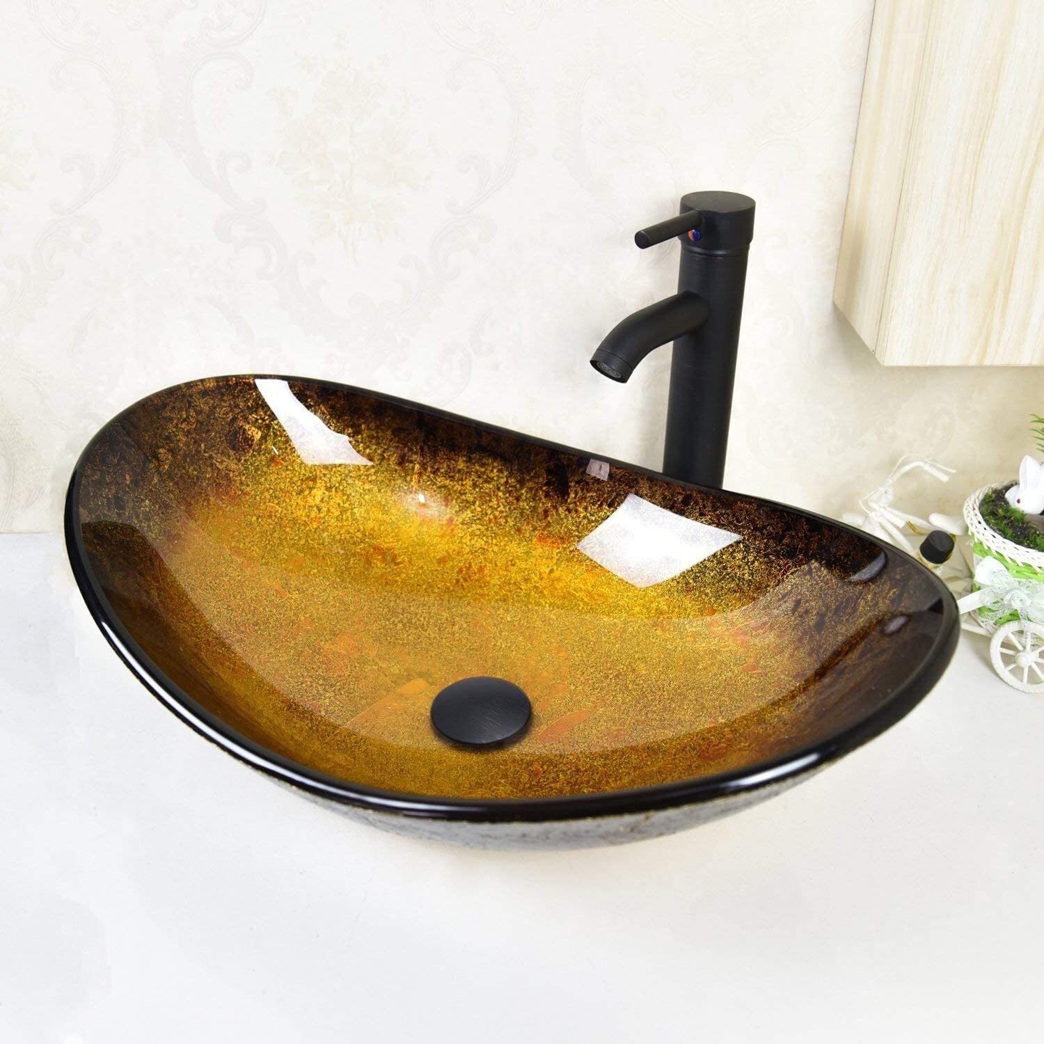 24″ Bathroom Vanity with Glass Sink Mirror Pop-Up Drain and Faucet