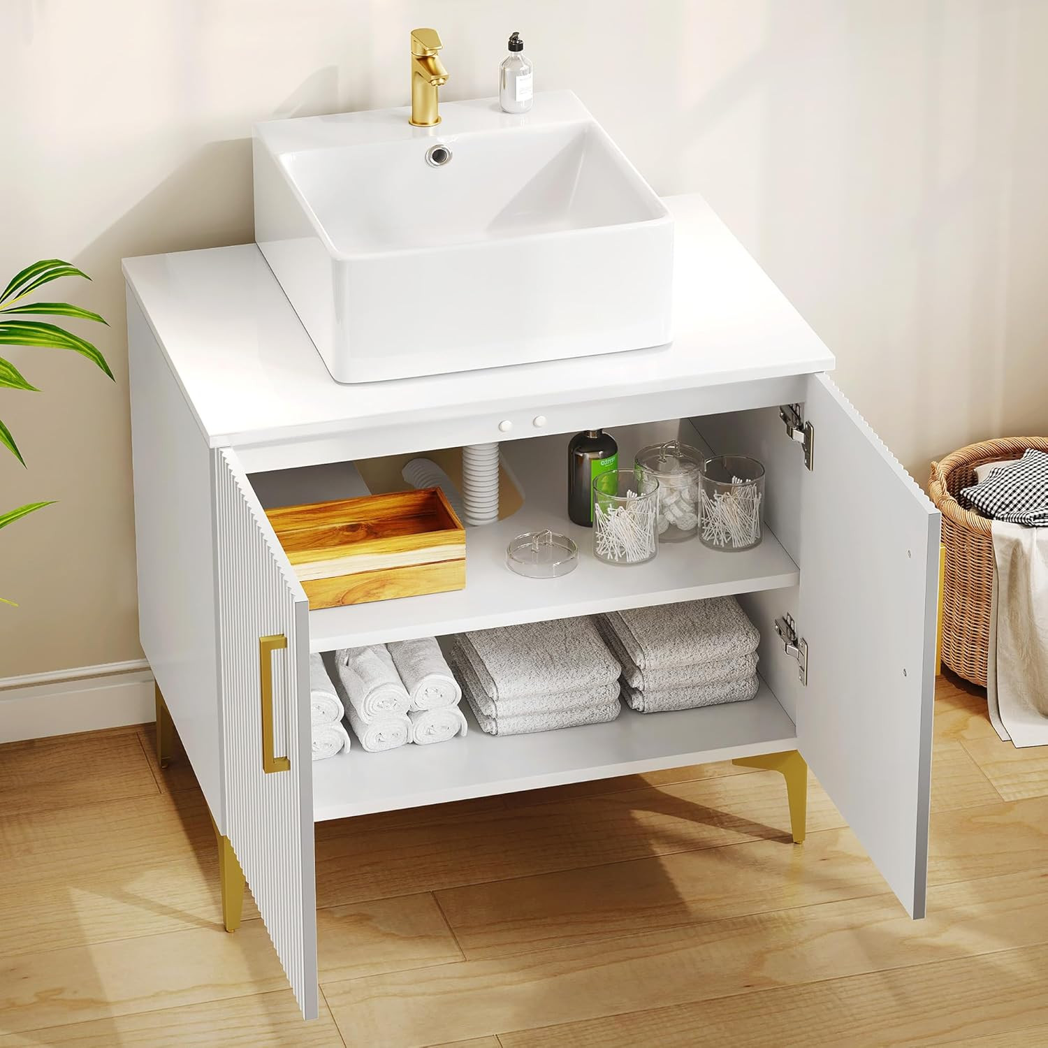 30″ Modern Bathroom Vanity with Ceramic Sink & Gold Handles, Soft Close Doors