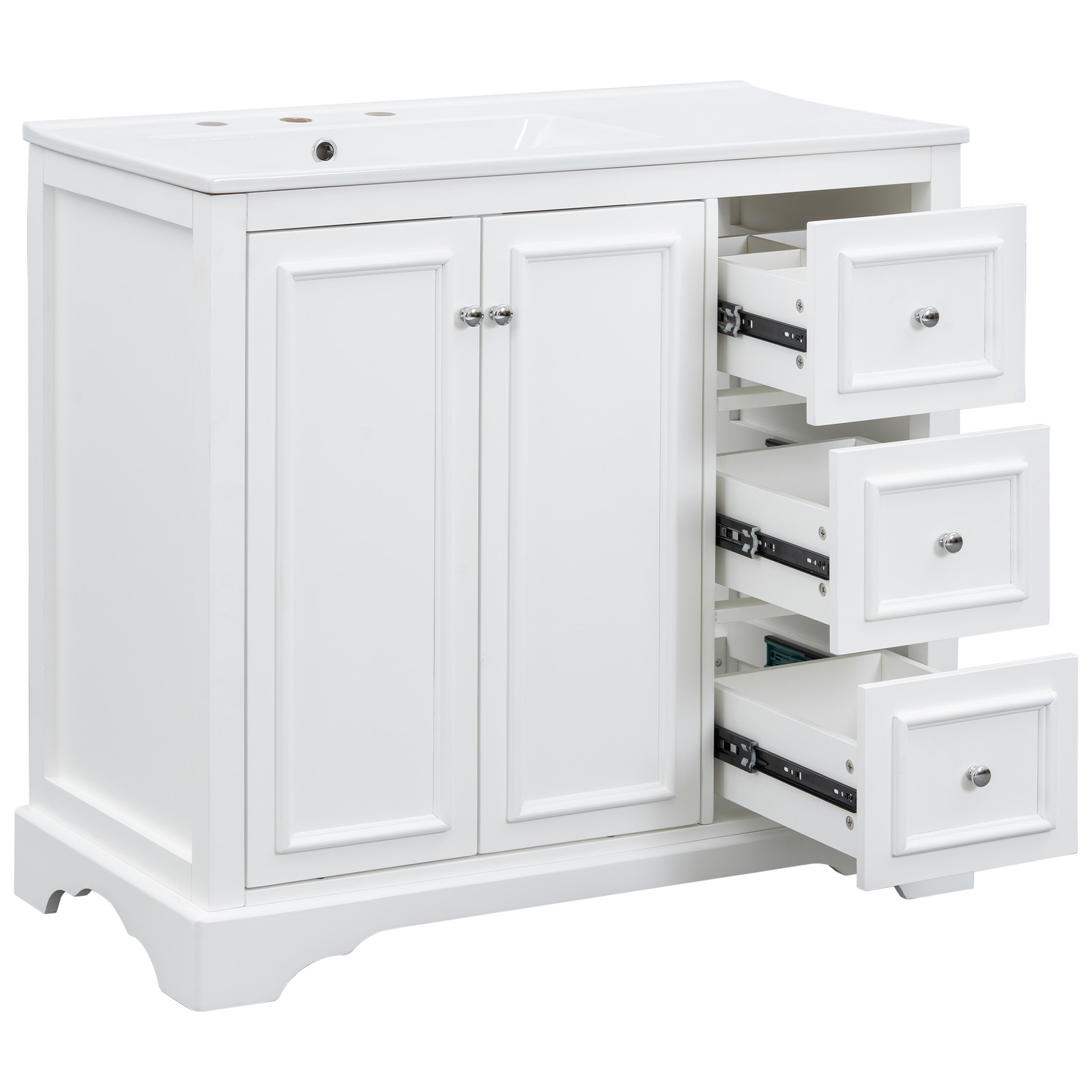 36″ White Transitional Bathroom Vanity with Ceramic Sink