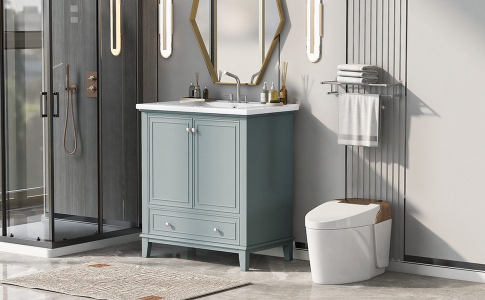 30″ Bathroom Vanity with Ceramic Sink Freestanding Wood Storage Cabinet w/Drawer