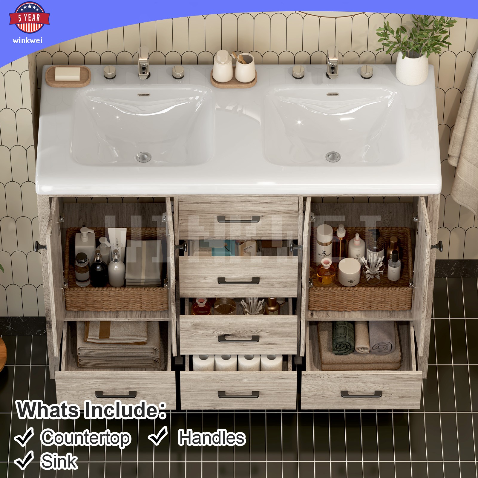 47.3″ Grey Bathroom Vanity Vanity Top Double Sink Ceramic 5 Drawer Freestanding