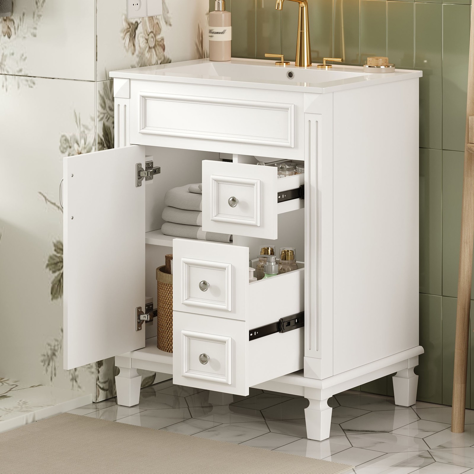 24″ Bathroom Vanity w/Ceramic Sink, Small Bathroom Sink Cabinet with 2 Drawers