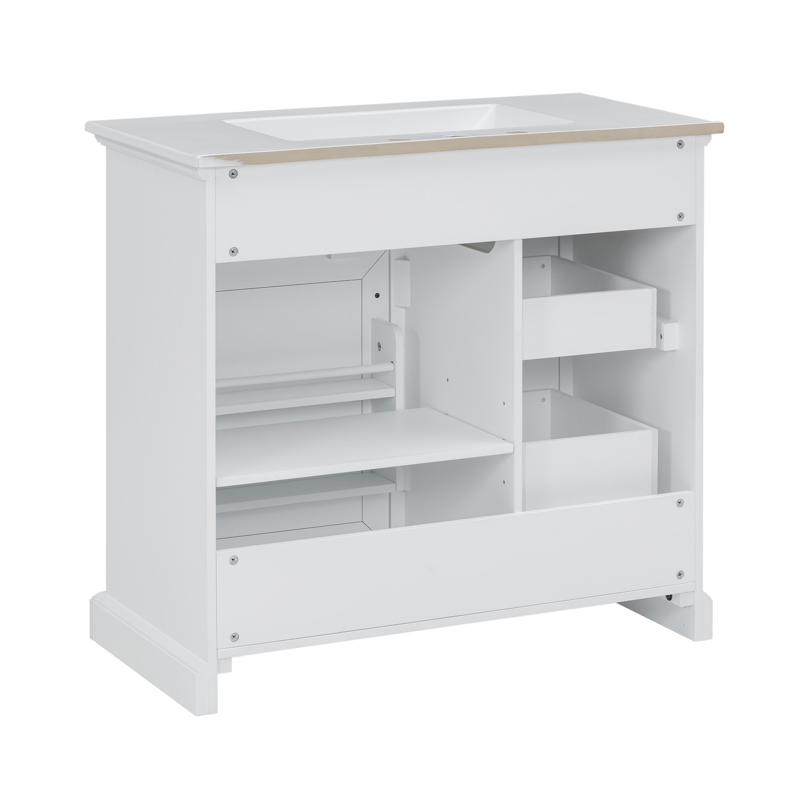 36″ Bathroom Vanity with Ceramic Sink Top, 4 Drawers & 1 Soft-Close Door