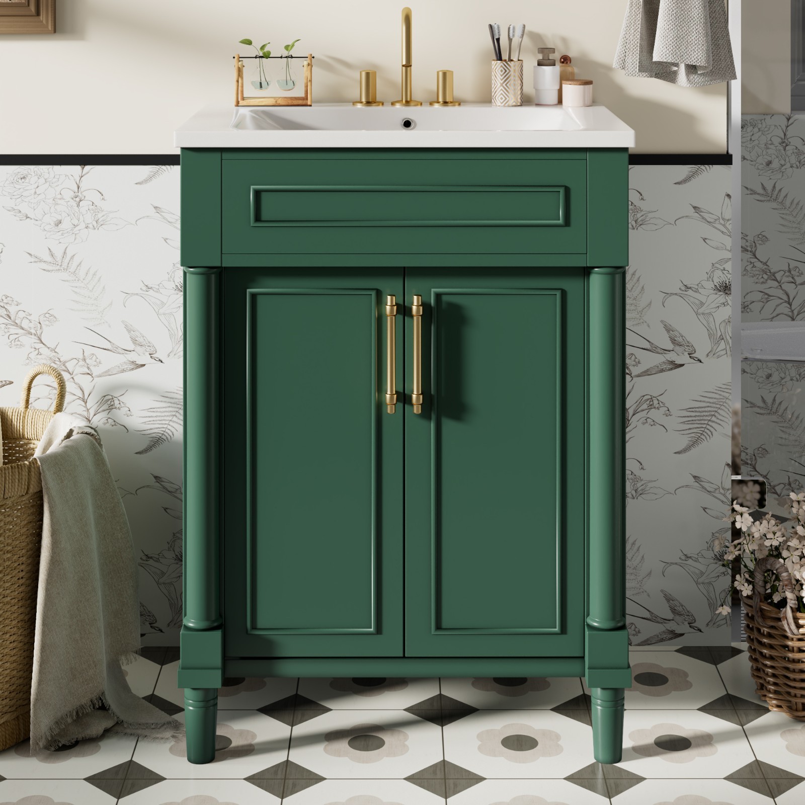 24″ Bathroom Vanity with Integrated Ceramic Sink, Bathroom Cabinet with 2 Doors