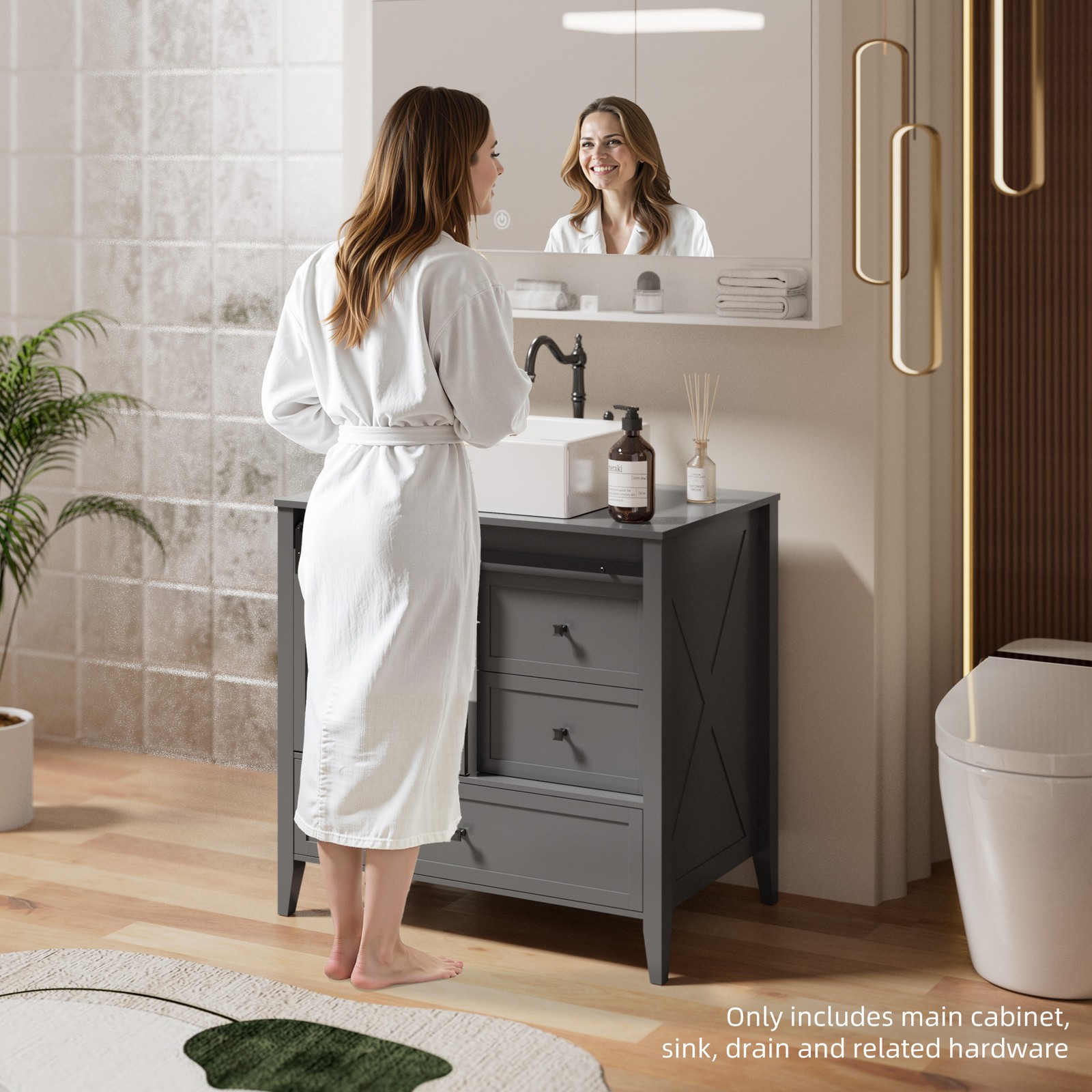 36″ Bathroom Vanity w/ Sink Ceramic Freestanding Cabinet Sliding Barn Door Wood