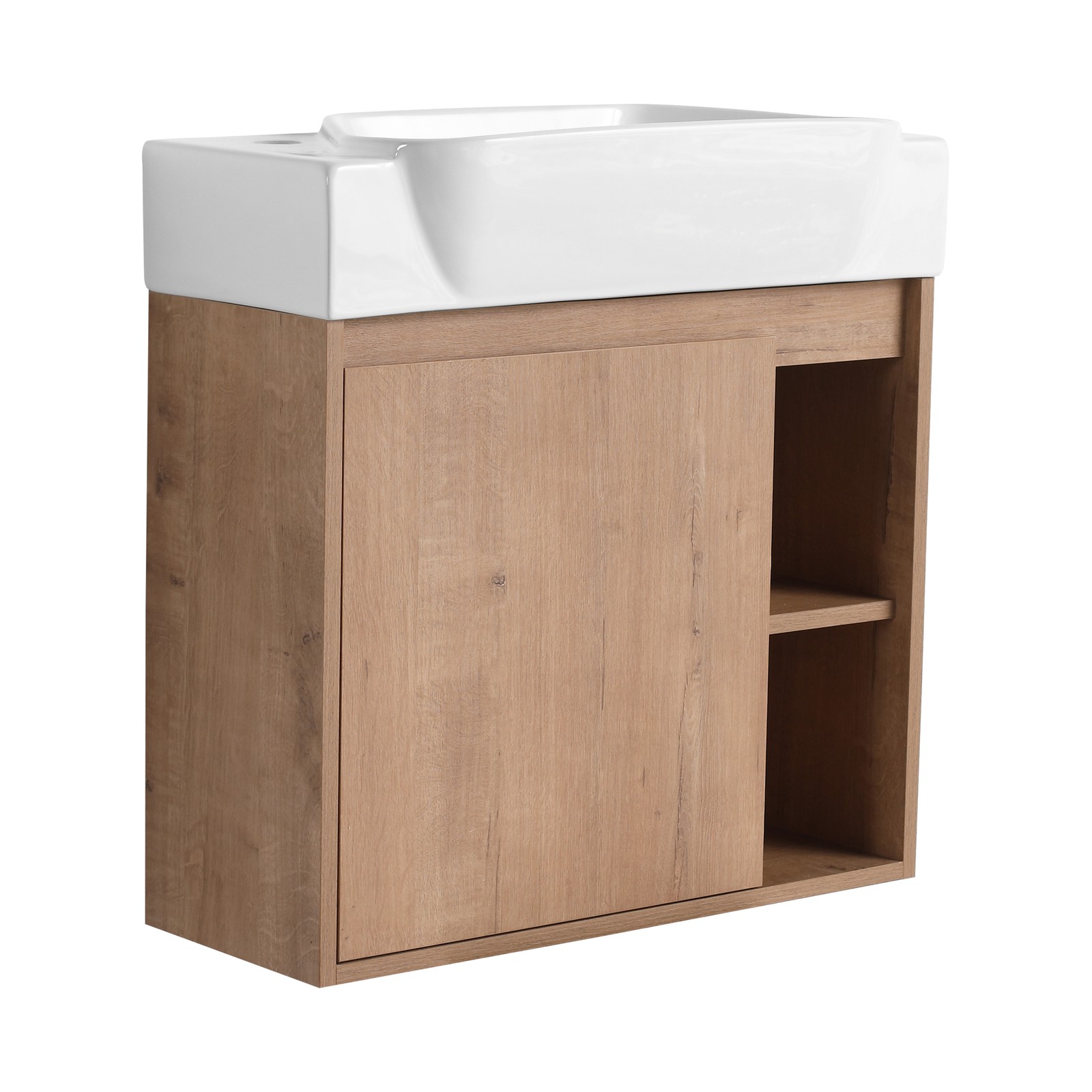 24in Plywood Wall-Mounted Bathroom Vanity W/ Ceramic Sink Basin Door Shelf Oak
