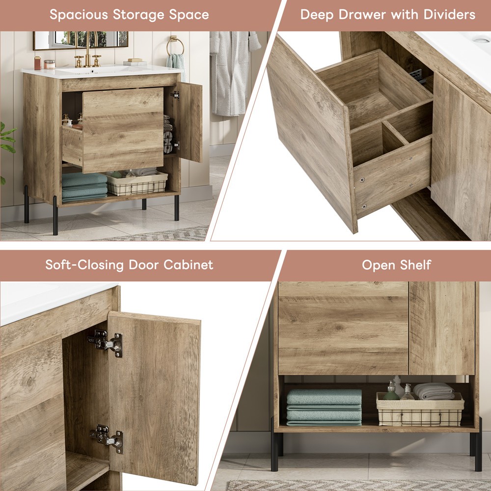 30″ Bathroom Vanity w/Ceramic Sink,Freestanding Vanity Cabinet,Open Shelf,Drawer