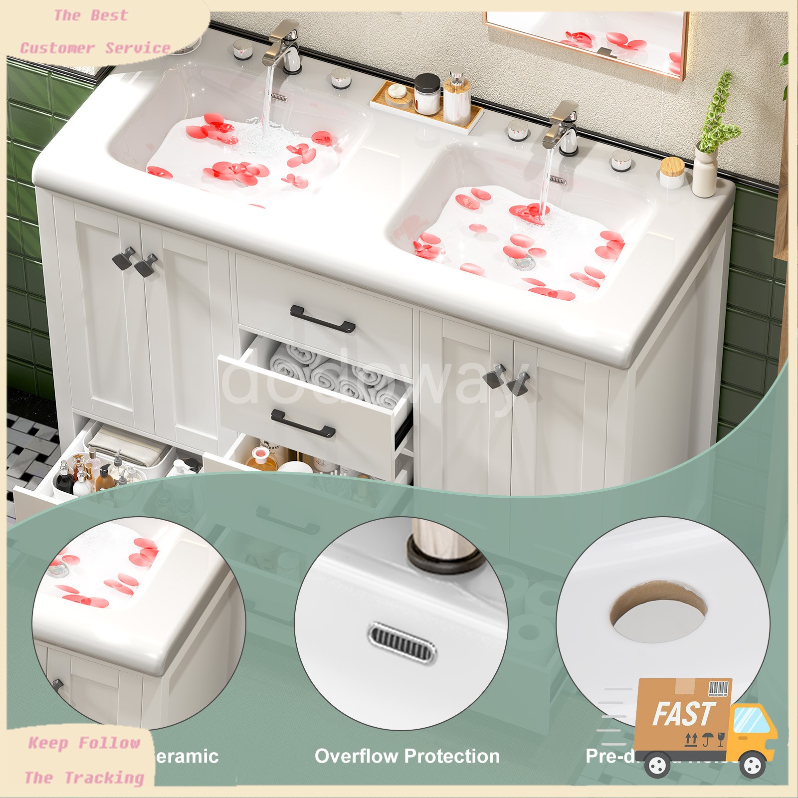 47″ Bathroom Vanity Set with Double Sink, 4-Door 6-Drawer Waterproof Cabinet