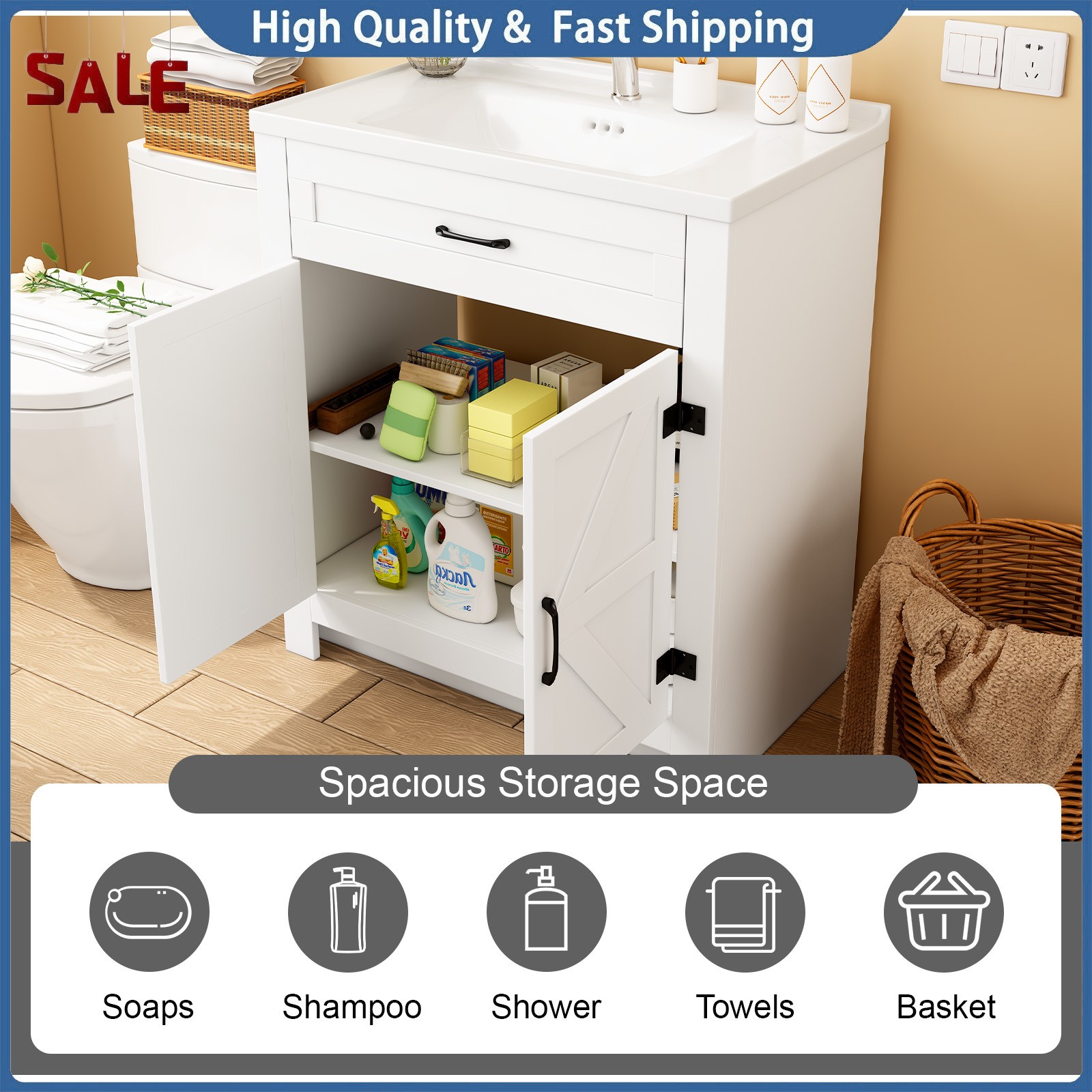 31″ Bathroom Vanity with Sink Combo Bathroom Cabinet with 2 Doors Freestanding