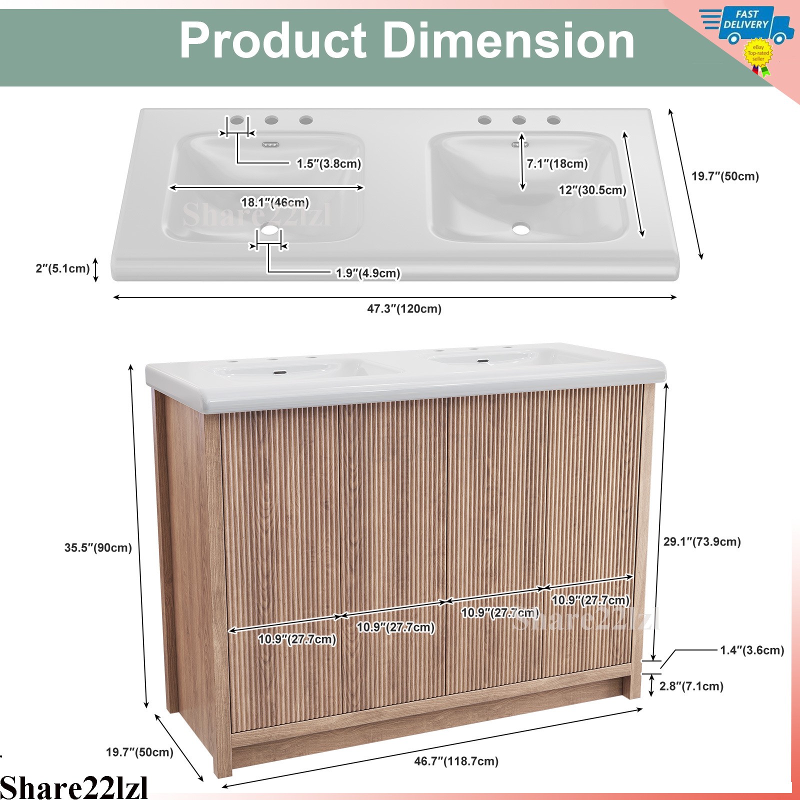 47″ Bathroom Vanity with Double Ceramic Sink, Modern Storage Cabinet with Doors