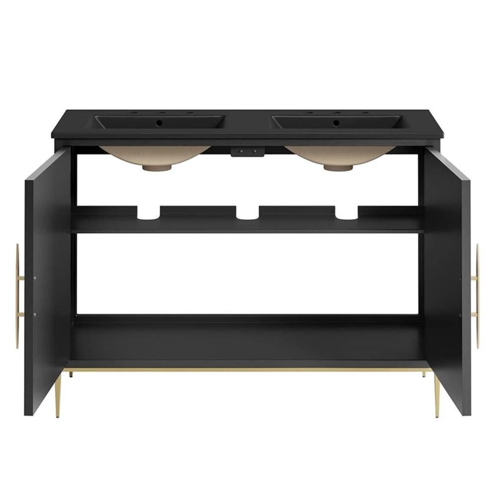 Pemberly Row 48″ Solid Wood and MDF Double Sink Bathroom Vanity in Black