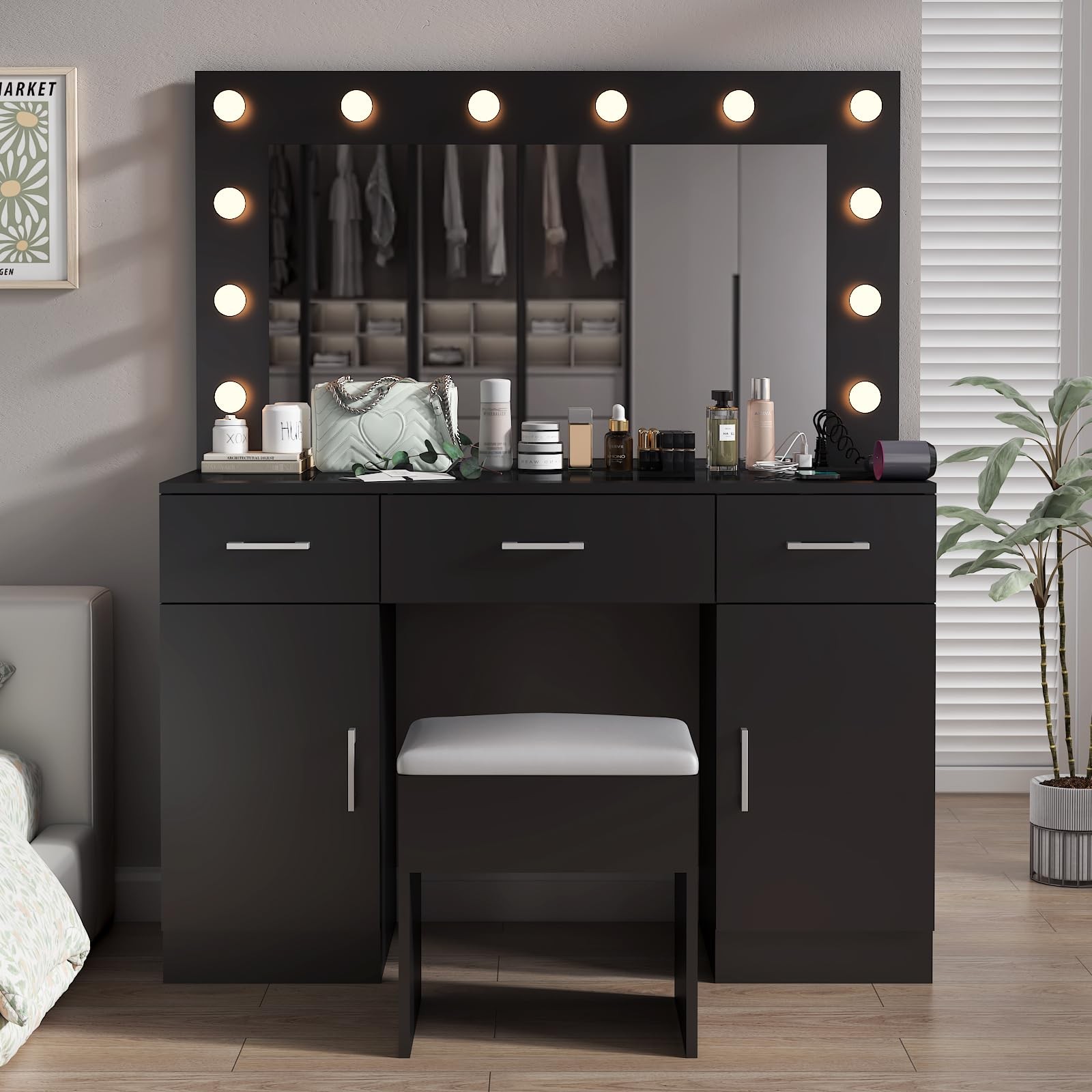Makeup Vanity Mirror Light Charger 2 Cabinet 3 Drawer Glass Top Stool 3 Colors