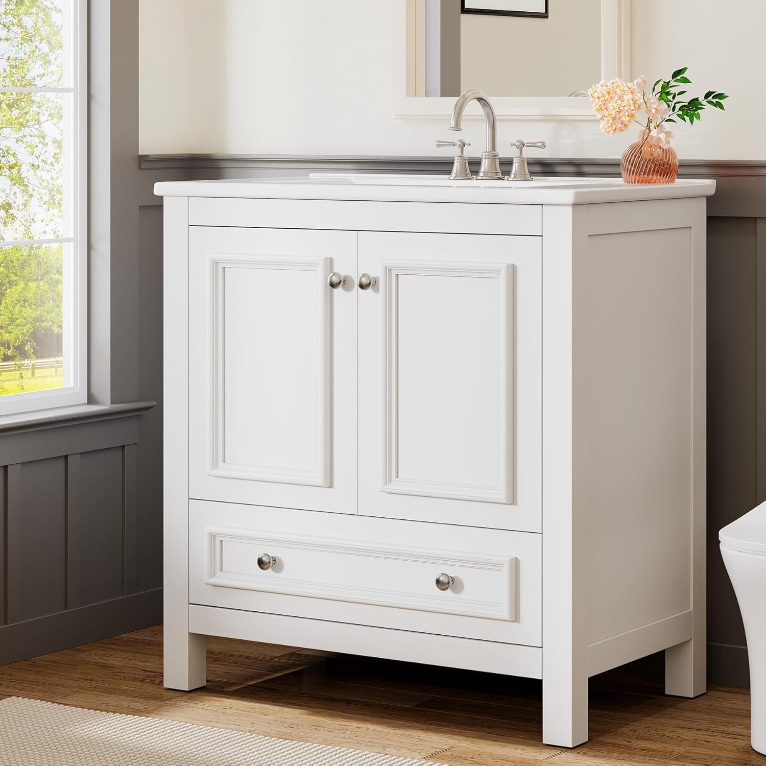Tribesigns 30inch Bathroom Vanity With Sink Wood Cabinet with 2 Doors & 1 Drawer