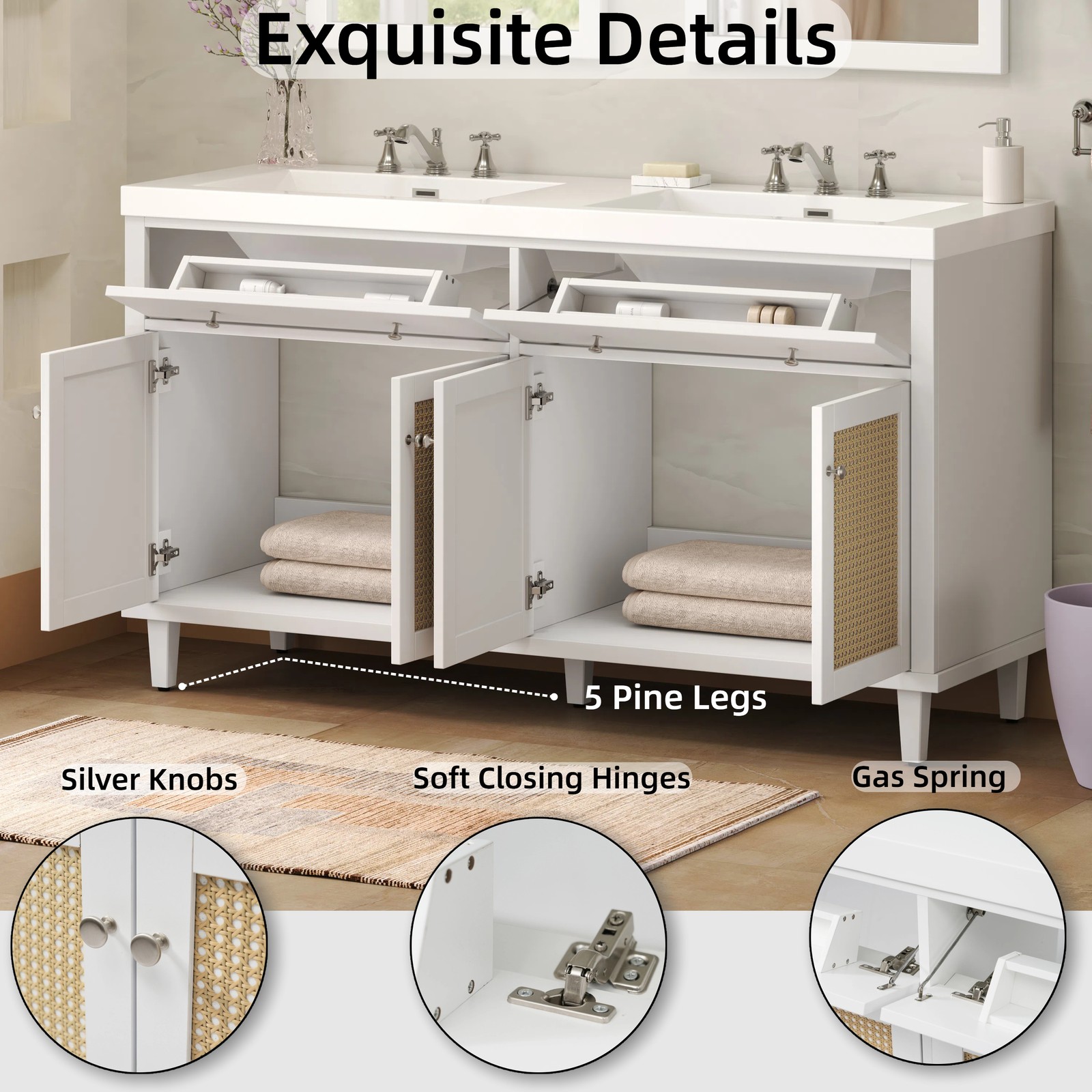 60in Bathroom Vanity w/Double SMC Sink Modern Large Storage Space w/2 Drawers