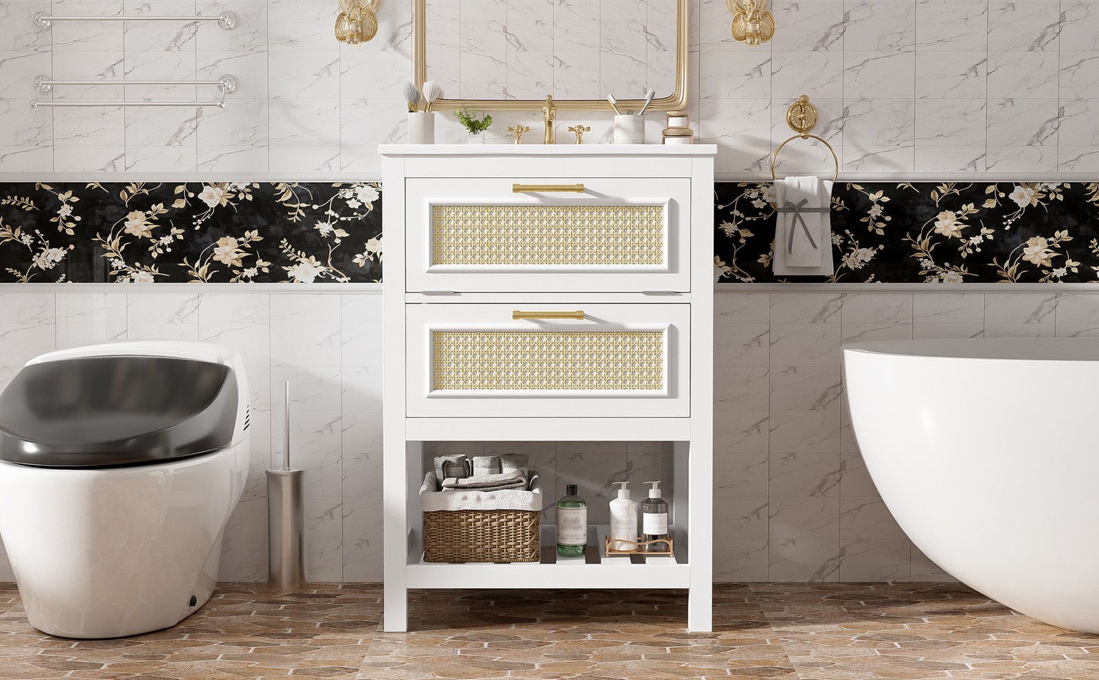 24″ White Bathroom Vanity with Ceramic Sink and 2 Drawers