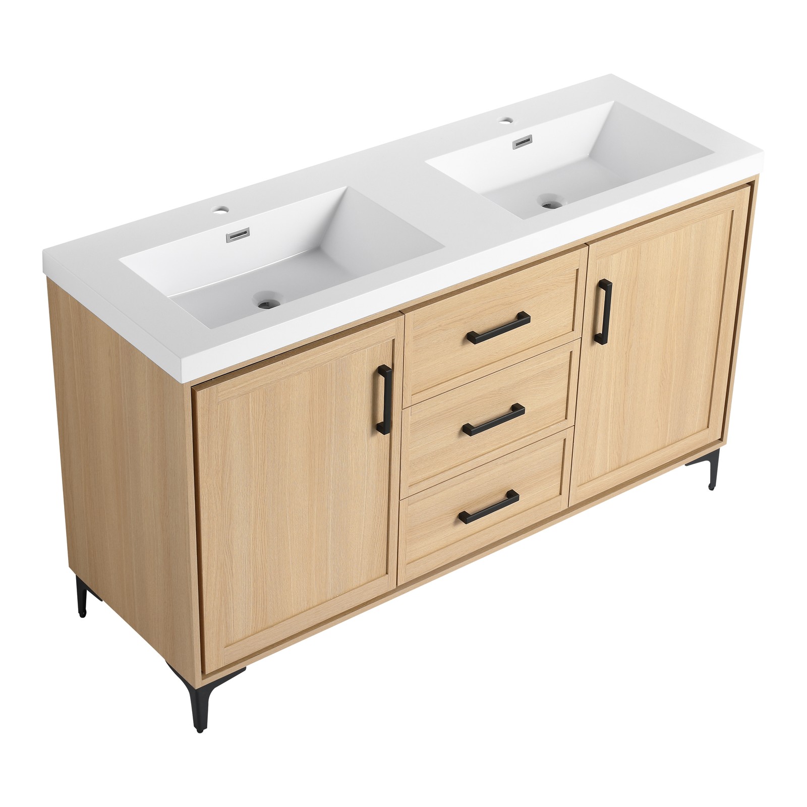 60 in Plywood Bathroom Vanity Freestanding W/Double Resin Sink +2 Doors 3Drawers