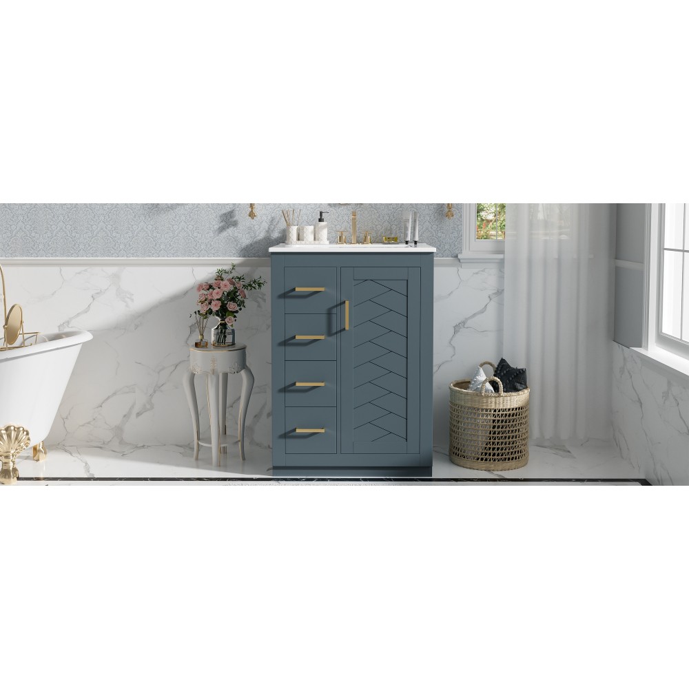 24 Inch Single Sink Bathroom Vanity Ceramic Top Drawers Storage Cabinet