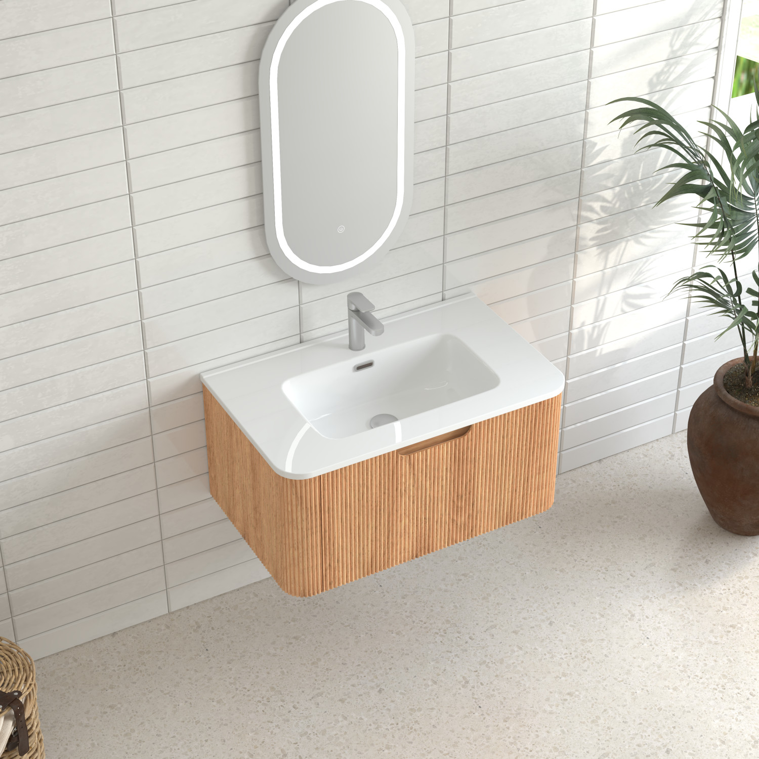 30″ Floating Bathroom Vanity in Walnut with White Ceramic Basin