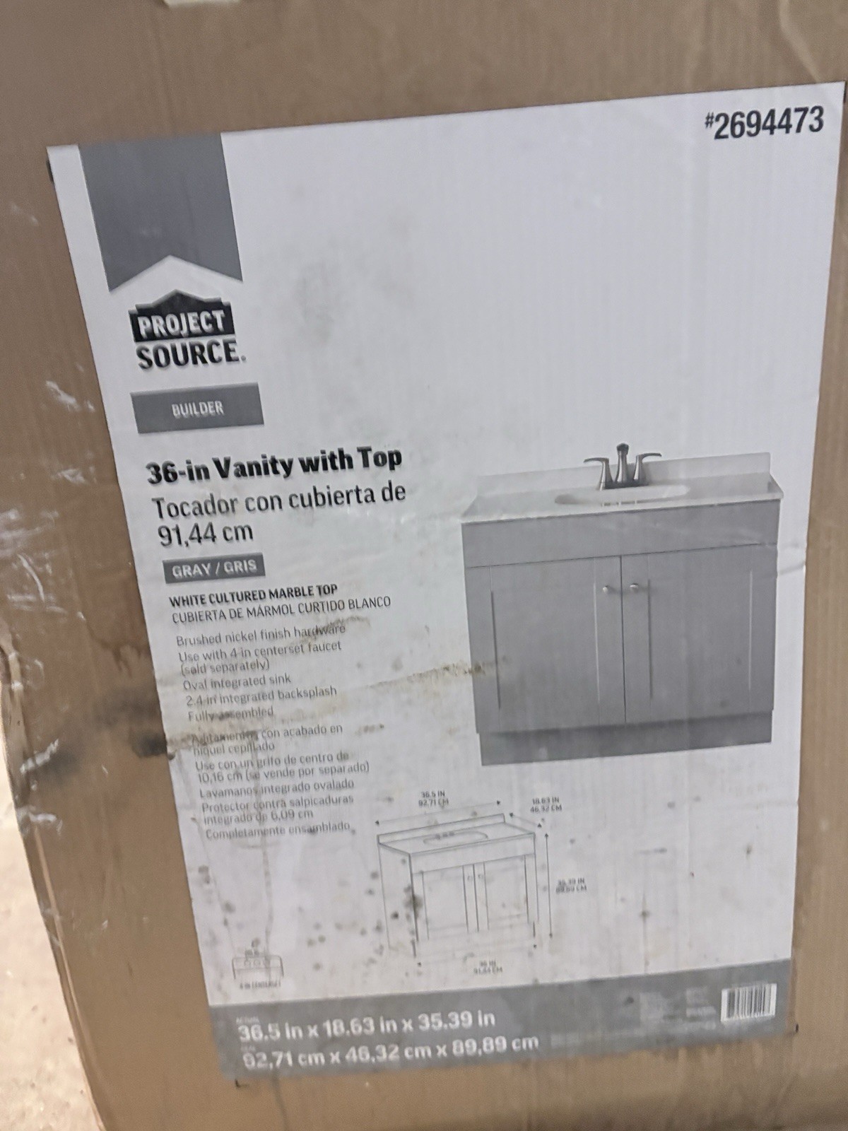 Project Source 36-in Gray Freestanding Bathroom Vanity w/ White Marble Top