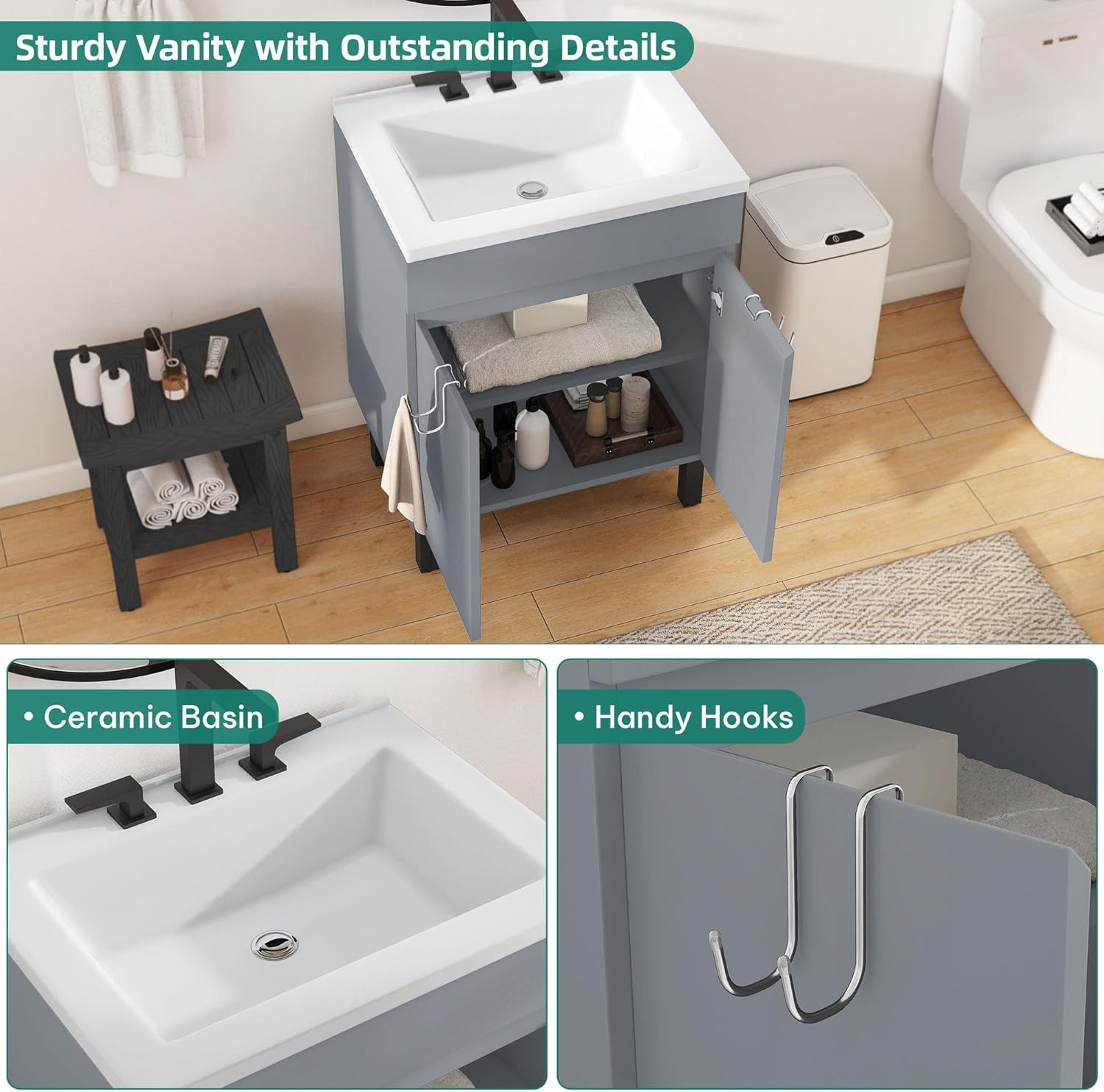24 Inch Grey Bathroom Vanity with Undermount Sink, Small Bathroom Sink Cabinet,