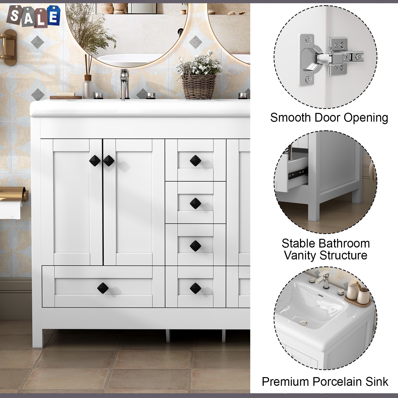 White Classic Bathroom Vanity Double Ceramic Sinks Freestanding With 5 Drawers