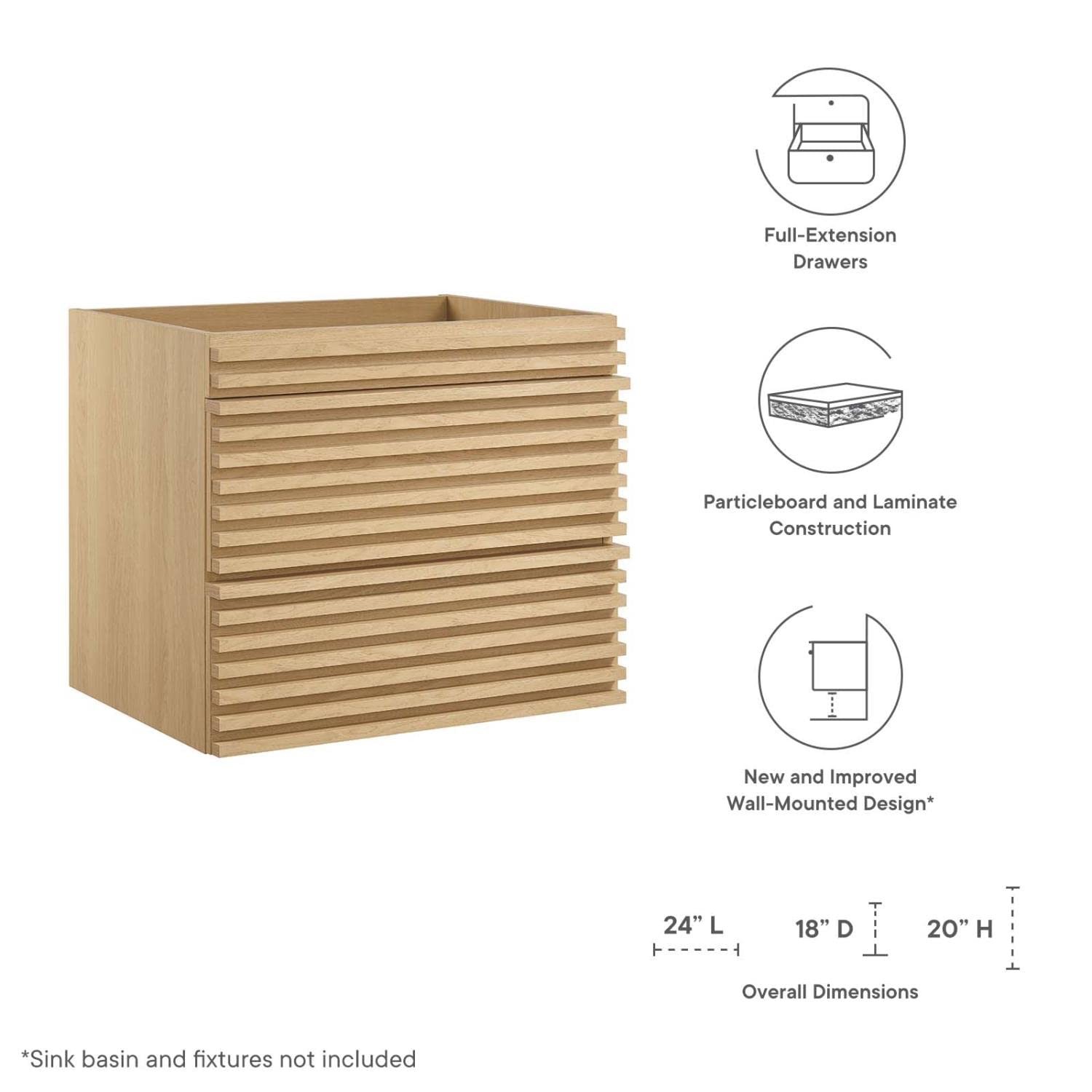 Pemberly Row 23.5″ MDF Wood Wall-Mount Bathroom Vanity Cabinet in Oak