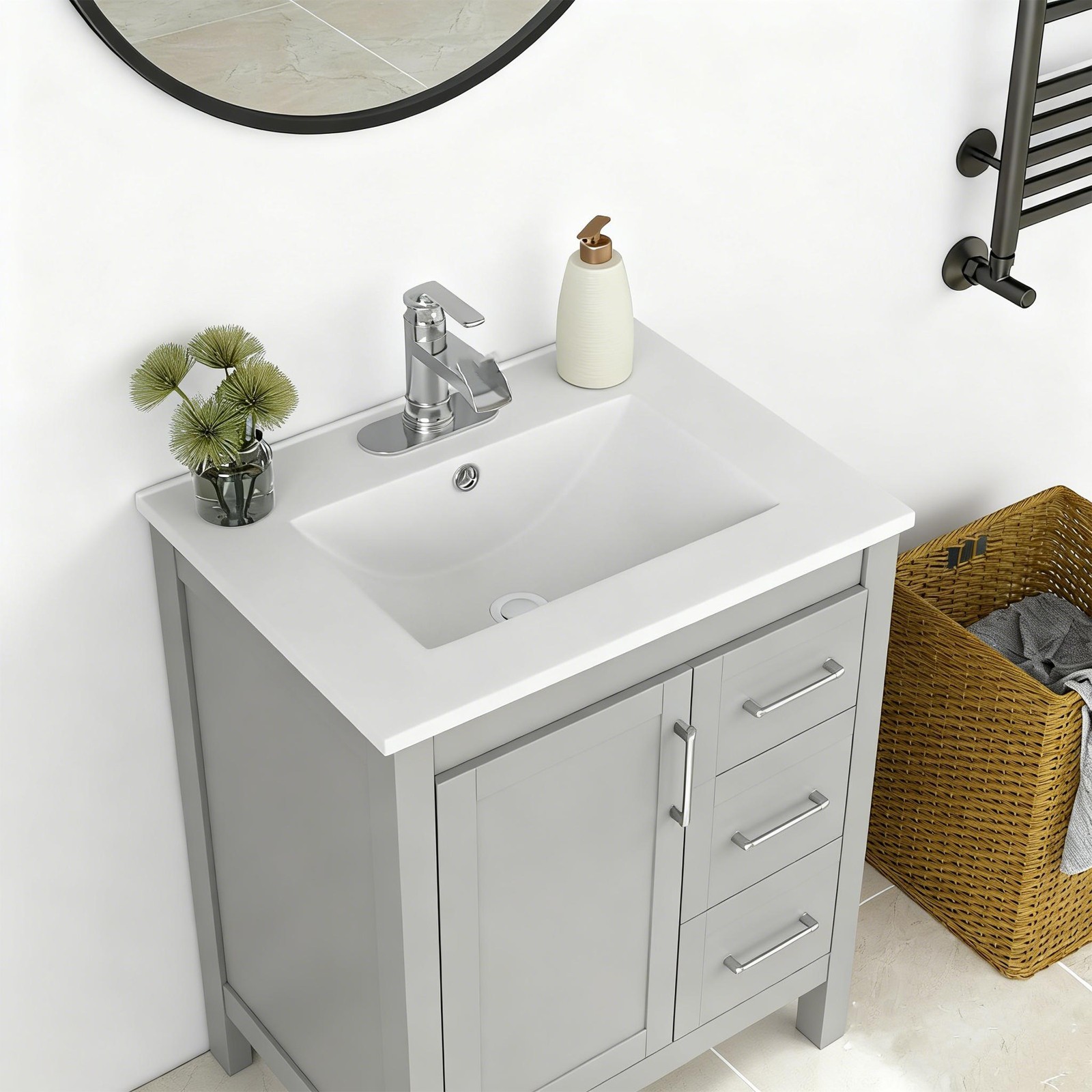 24″ Ceramic Vanity Sink Top, Rectangular Bathroom Vanity Sink Top with Overflow