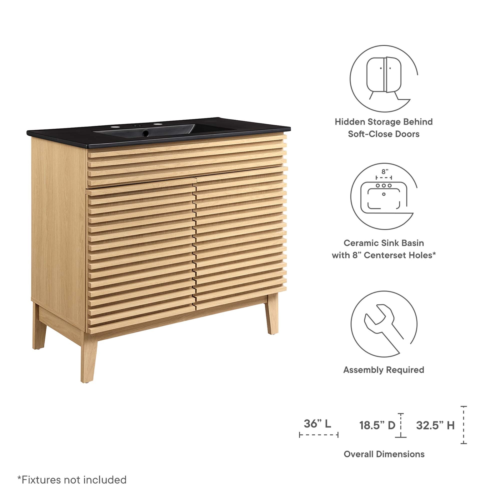 Modway Render 36″ Bathroom Vanity in Oak Black
