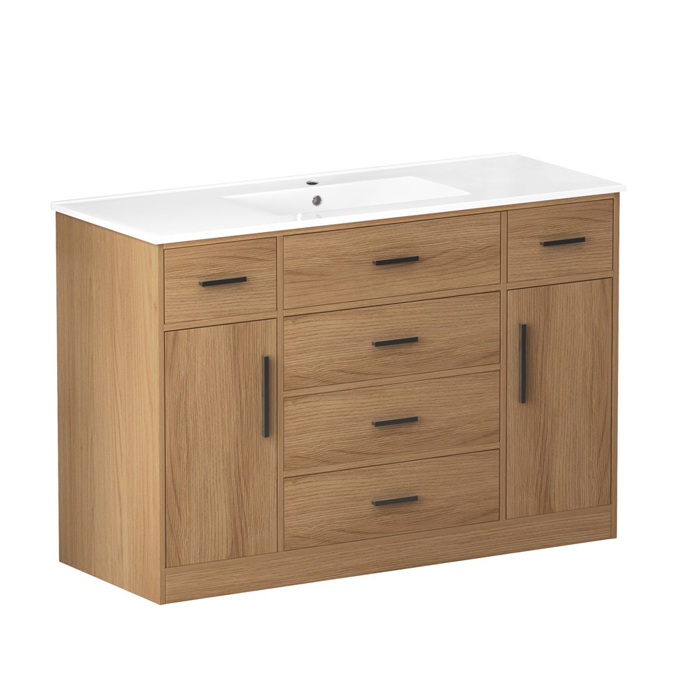 48″ Bathroom Vanity w/Sink,Freestanding Vanity Storage Cabinet,5 Drawers,2 Doors