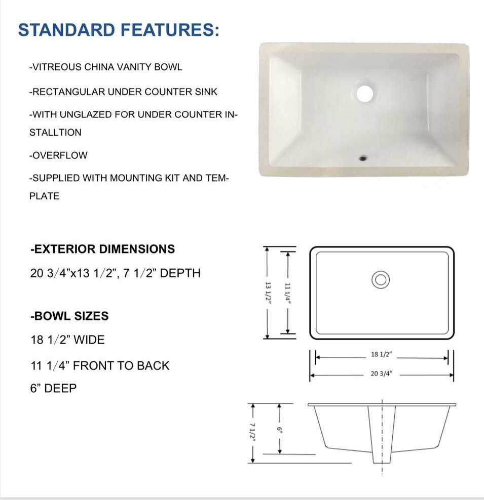 (Pack Of 2) Pool Rectangular Undermount Bathroom Vanity Sink 18″ X 11″ X 6″