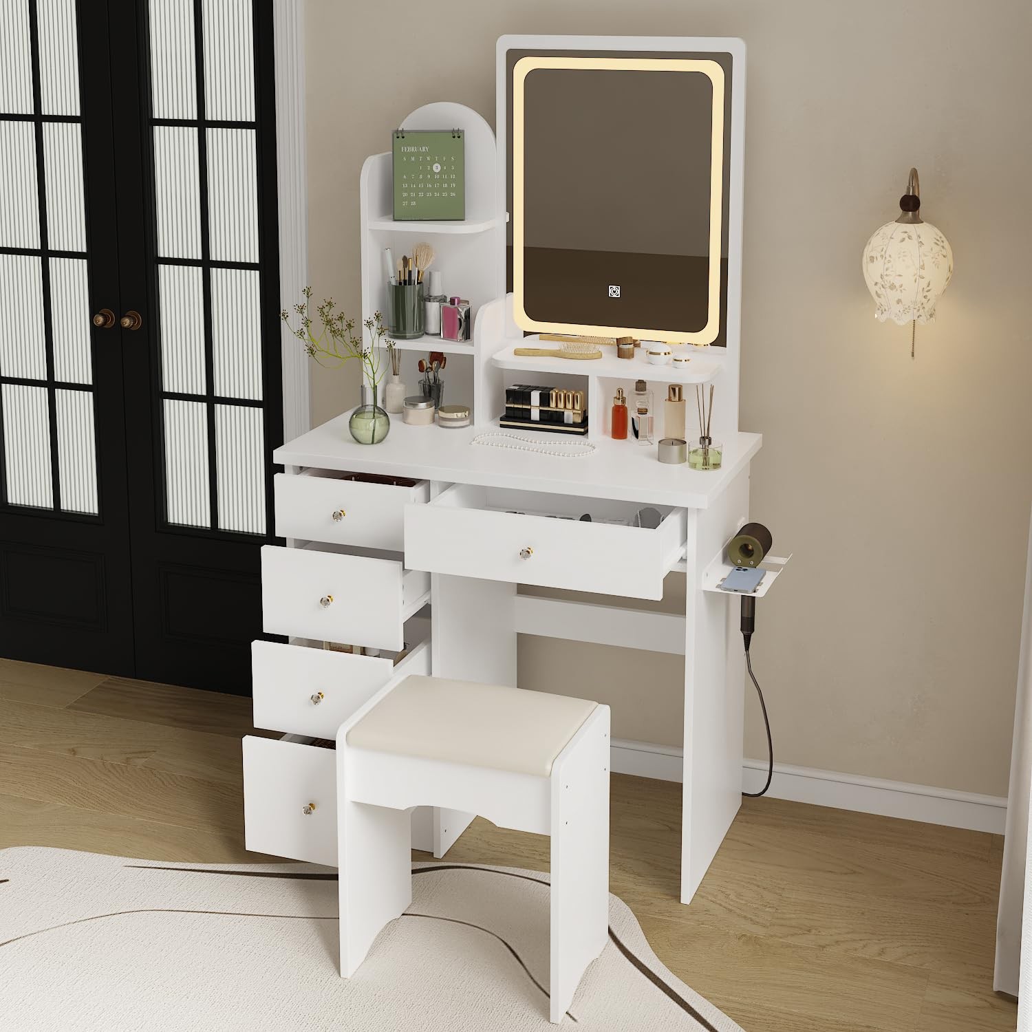 Vanity Set LED Mirror Outlet 5 Drawers Shelves Cushioned Stool Bedroom White