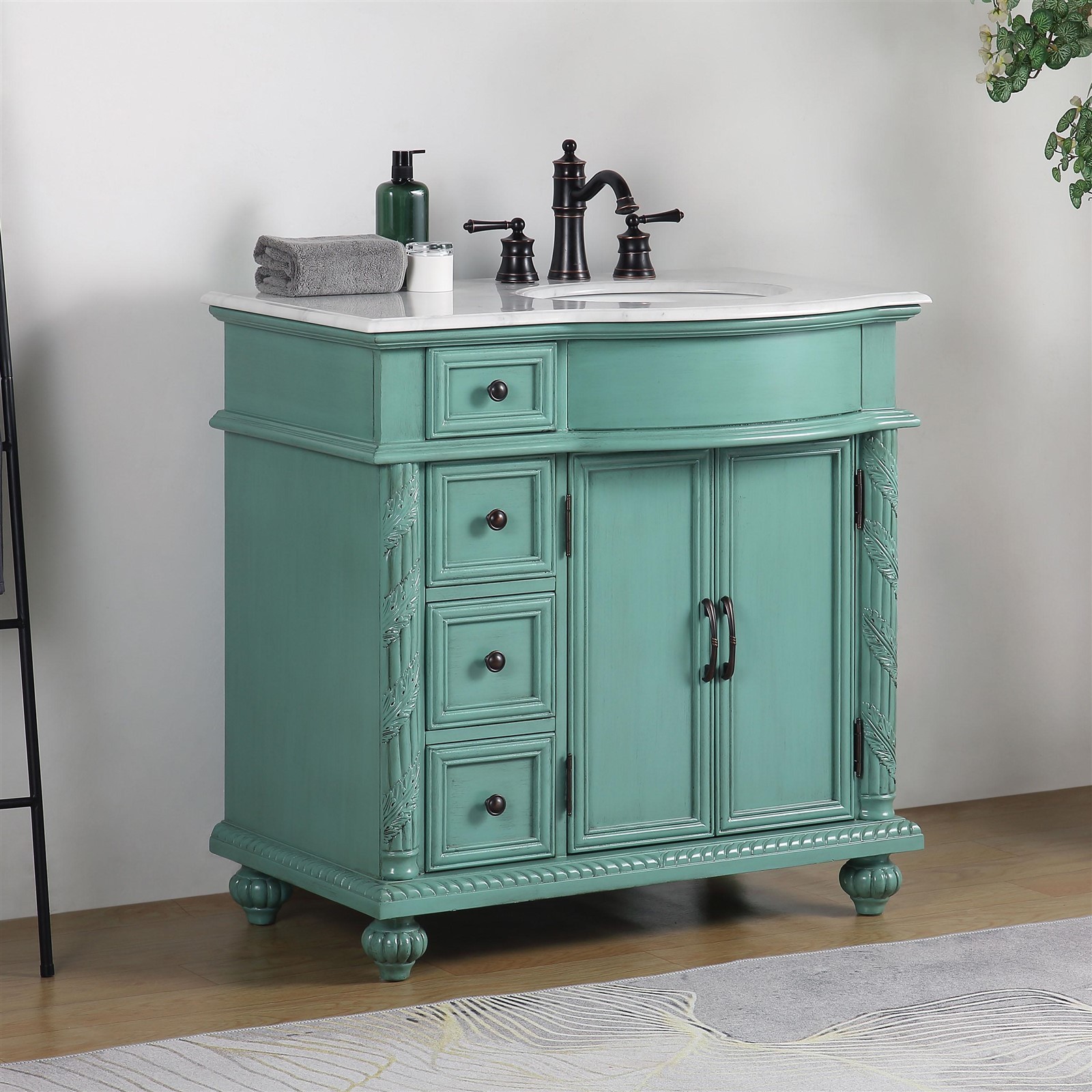 36″ Vintage Green Carrara Top Bathroom Cabinet Single Vanity – Sink on the Right