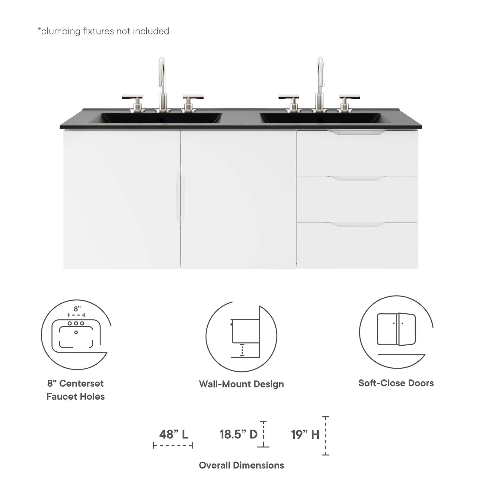 Modway Vitality 48″ Double Sink Bathroom Vanity in White Black