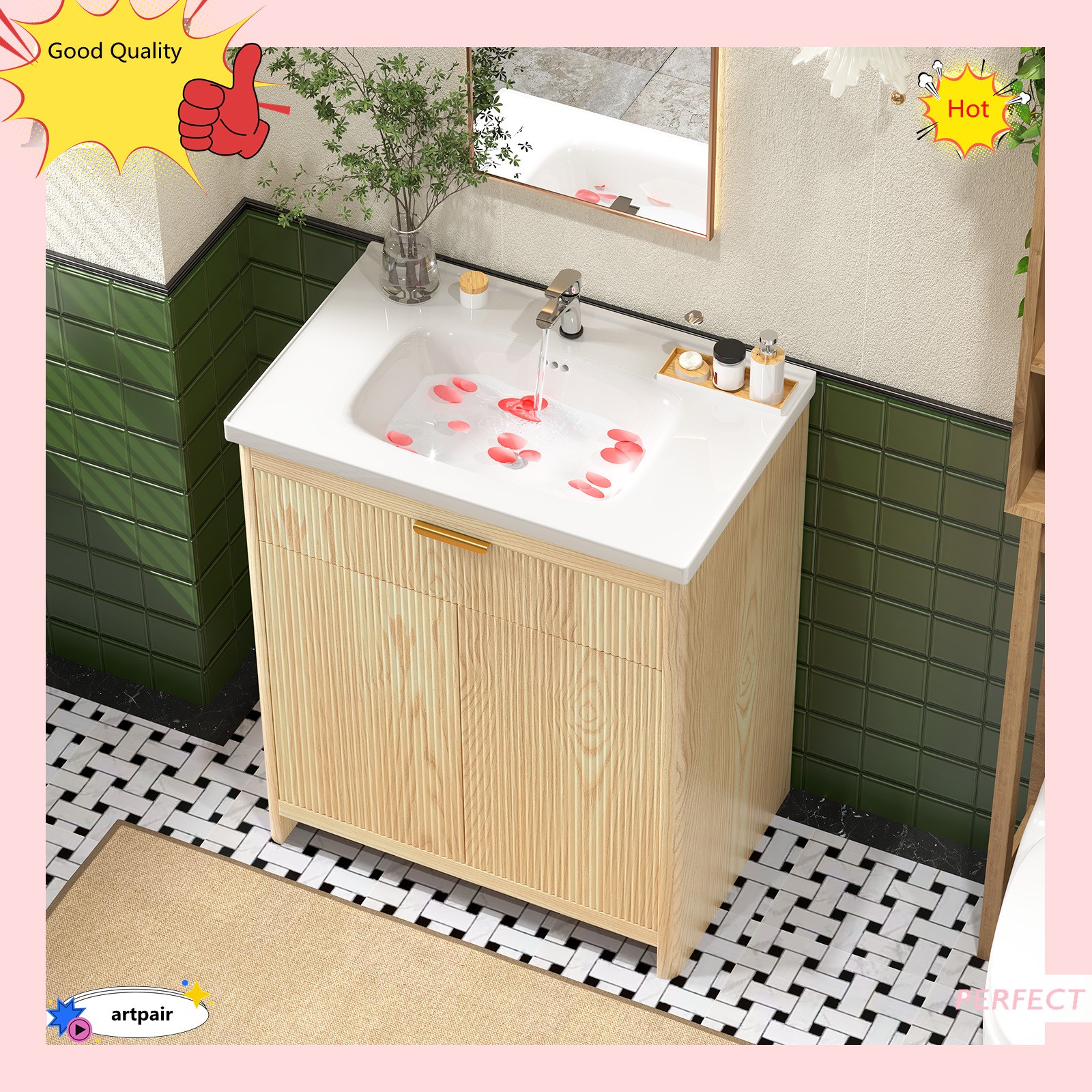 23.6″ Bathroom Wood Vanity &Ceramic Sink,Freestanding Storage Cabinet Vanity NEW