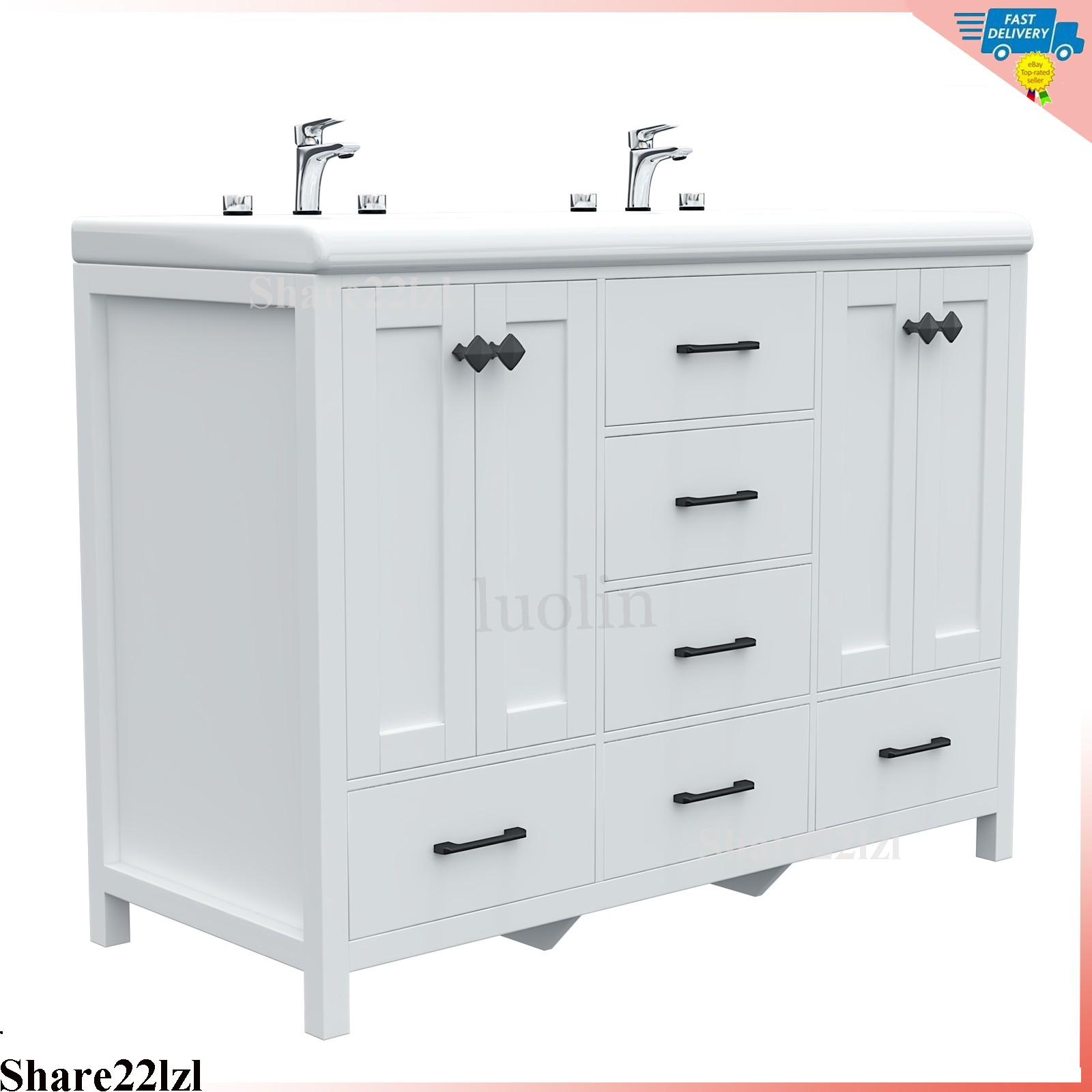 47″ Bathroom Vanity With Double Sink Ceramic Storage Cabinet without Faucet New