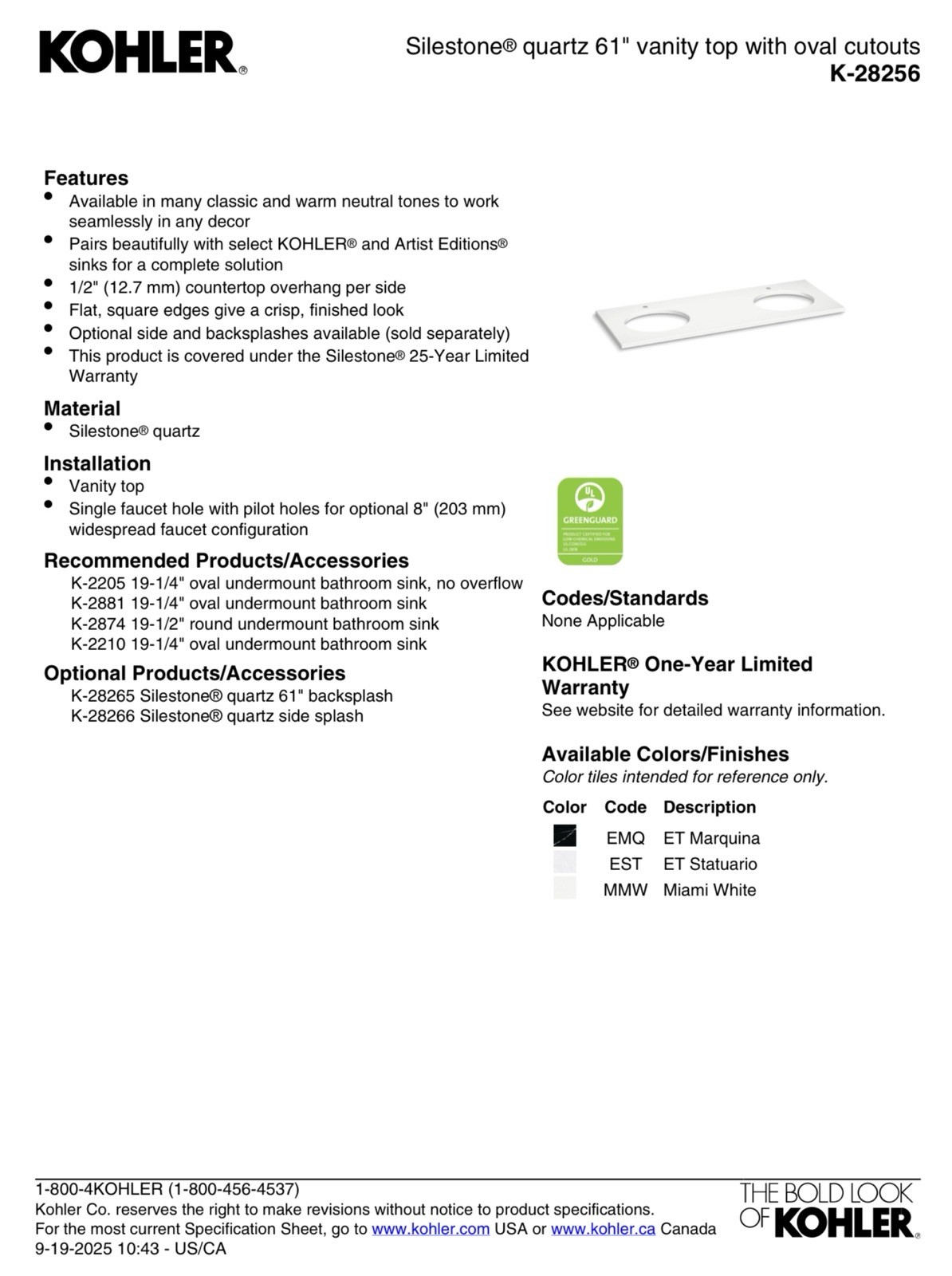 Kohler Silestone® quartz 61″ vanity top with double oval cutouts 28256-ESR