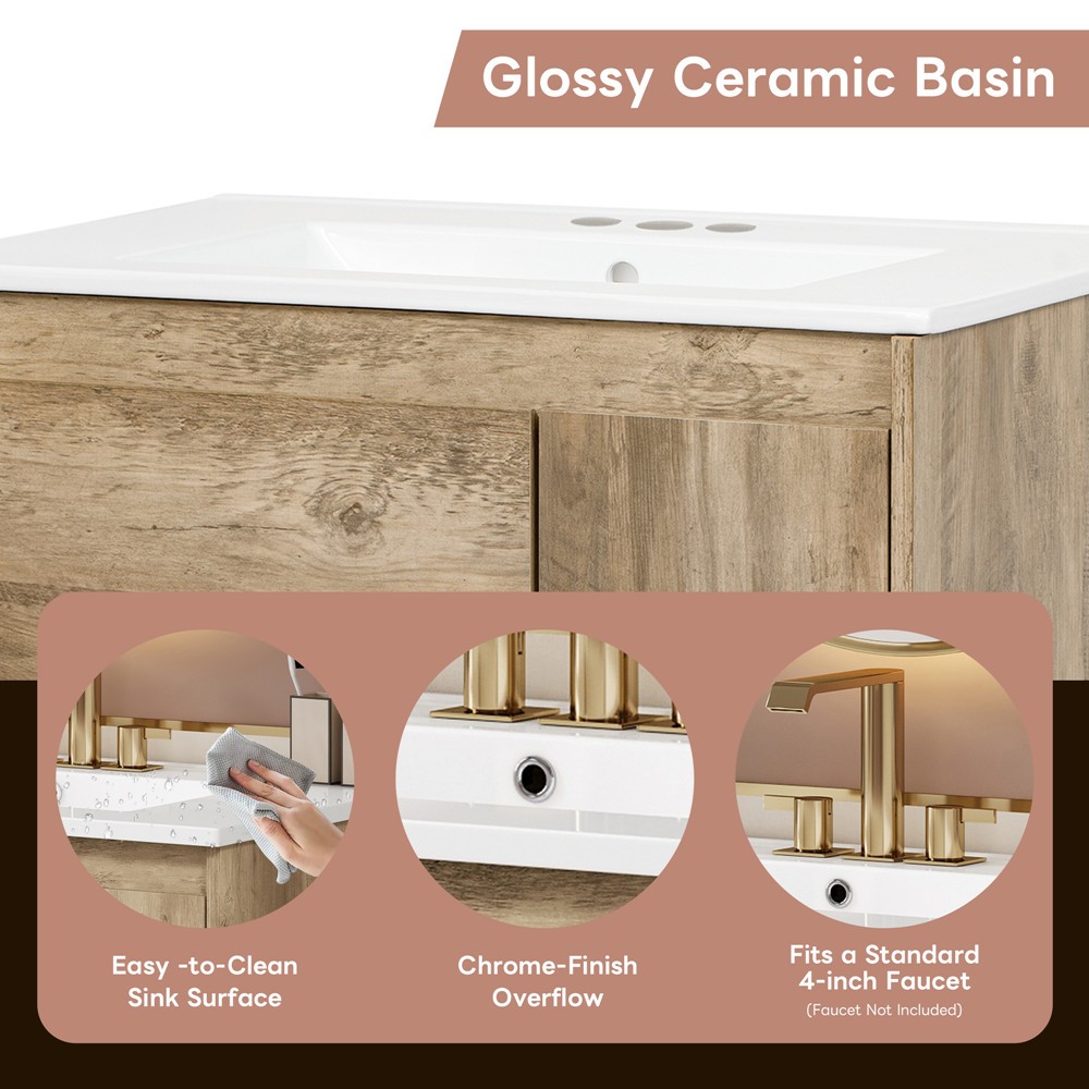 30″ Bathroom Vanity w/Ceramic Sink,Freestanding Vanity Cabinet,Open Shelf,Drawer