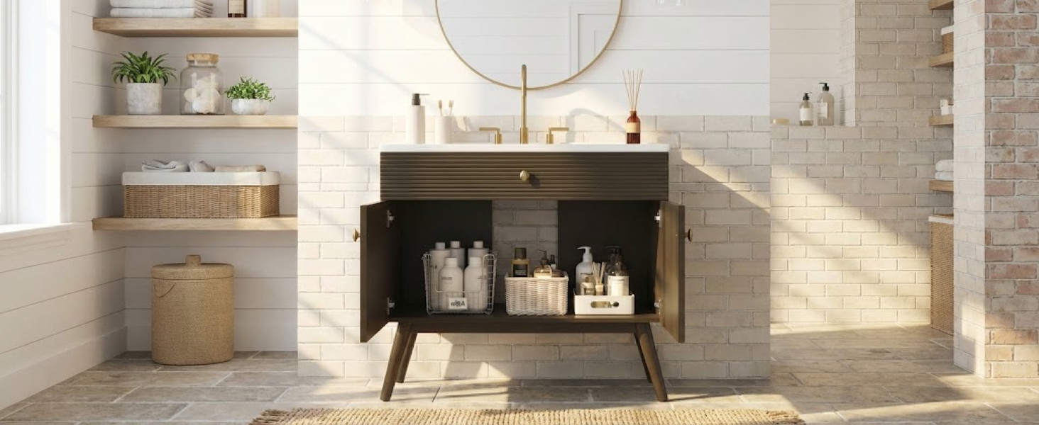 36″ Striped Bathroom Vanity, Soft-Close Dual-Door & Ceramic Sink, Dark Brown