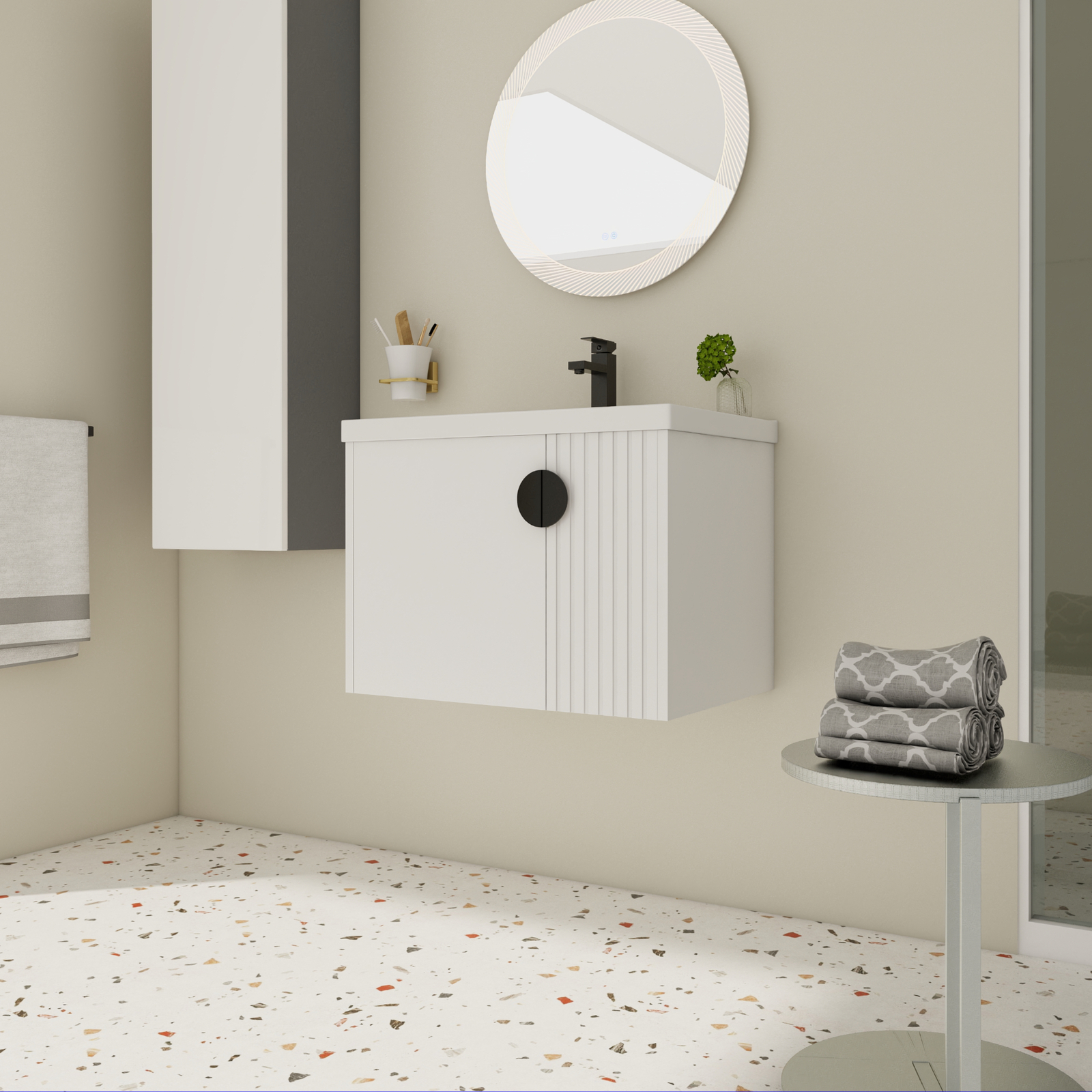 28 Inch Wood Wall Mounted Floating Bathroom Vanity with Ceramic Sink/Doors White