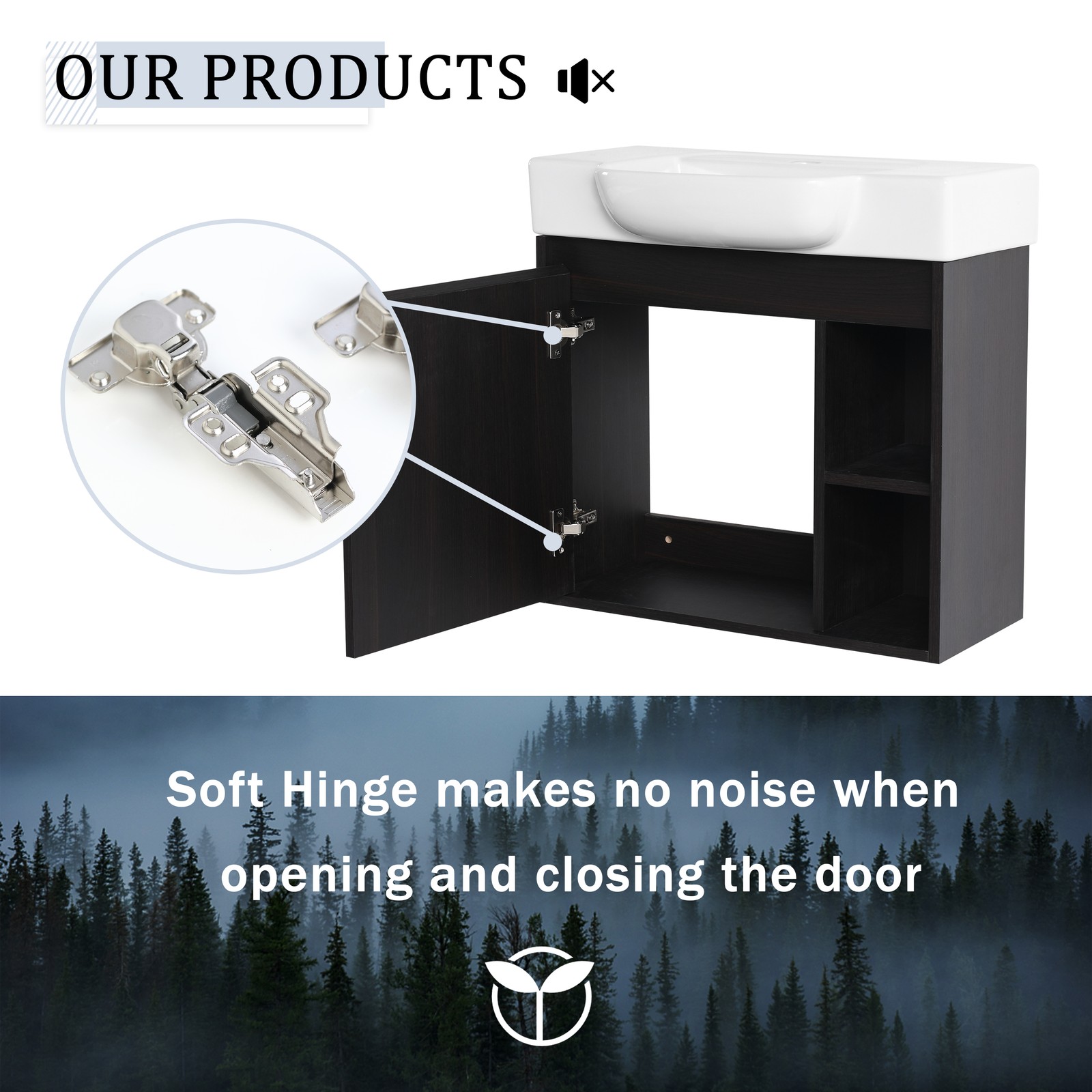 24″ Plywood Wall-Mounted Bathroom Vanity Cabinet W/ White Ceramic Sink Dark Oak
