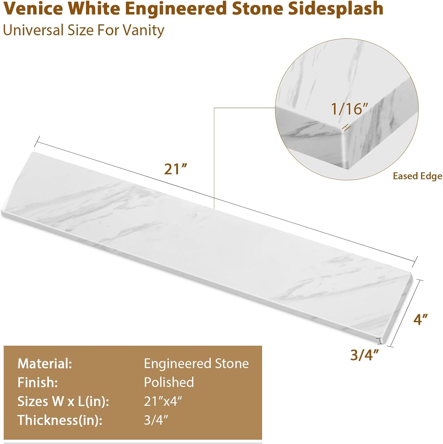 21 Inch Sidesplash in Venice White, Engineered Stone Side Splash for Bathroom Va