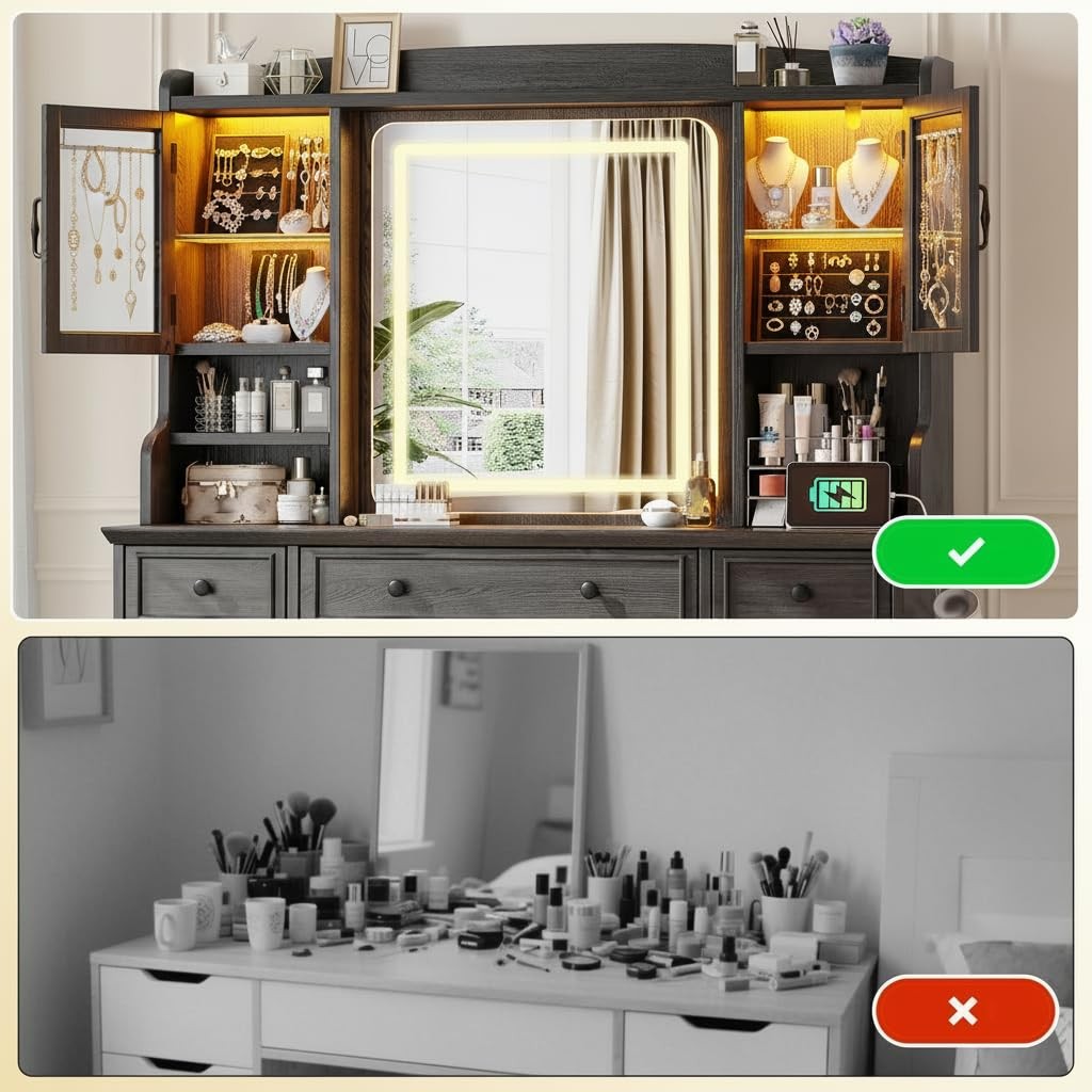 Vanity Desk Mirror Lights 43in Black 5 Drawers 2 RGB Cabinets Adj LED Farmhouse