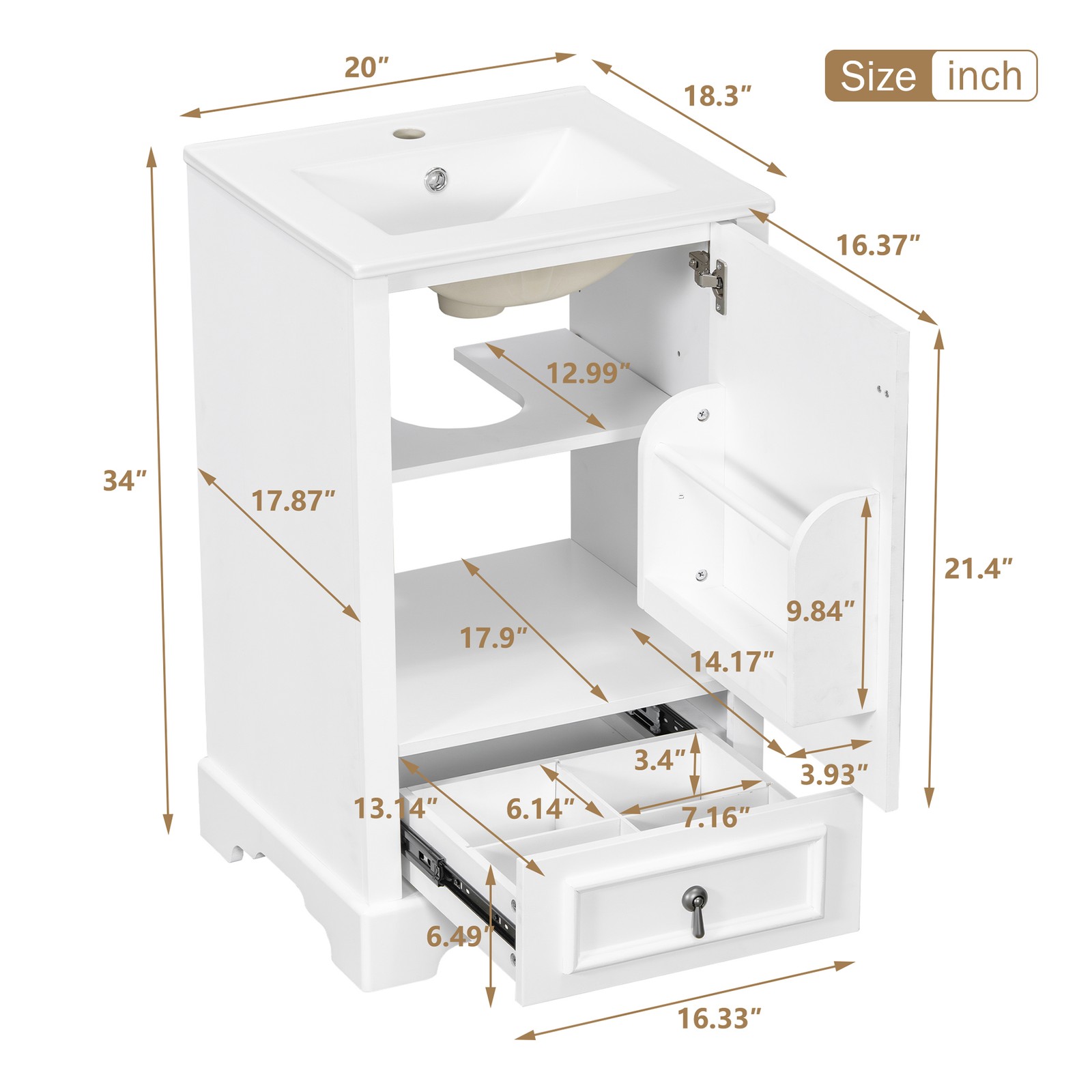 20″ Bathroom Vanity with Ceramic Sink, Soft Close Door, White