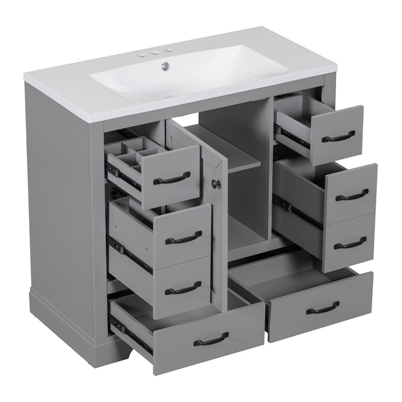 36 Inch Modern Bathroom Vanity with Sink Combo,Six Drawers,Adjustable Shelf,Grey