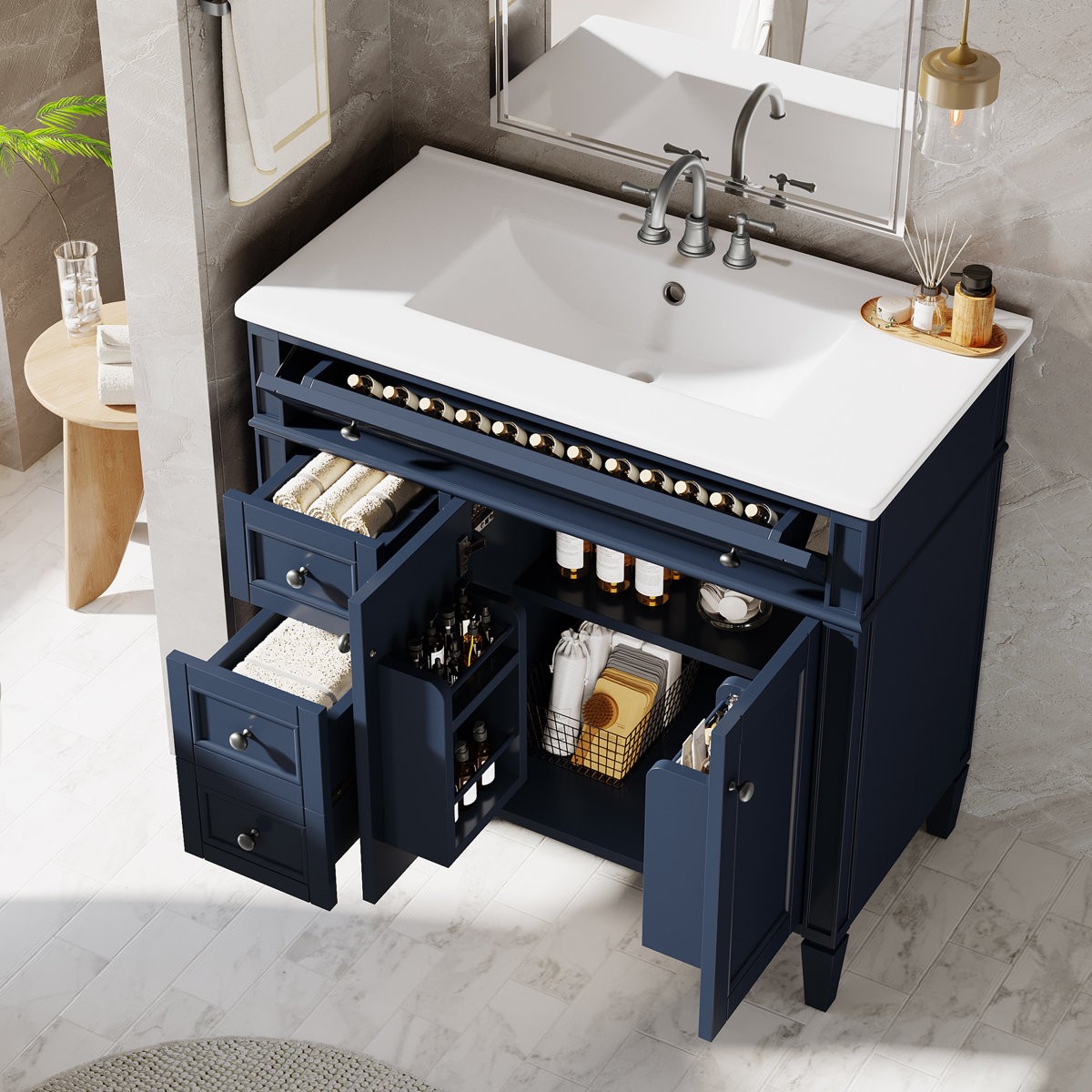 36inch Modern Bathroom Sink Cabinet with 4 Drawers & 2 Doors Bath Storage Vanity