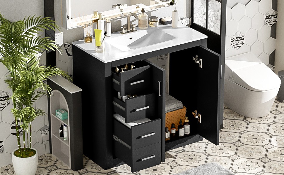 36″ Bathroom Vanity with Ceramic Sink, Solid Wood Frame, 3 Drawers