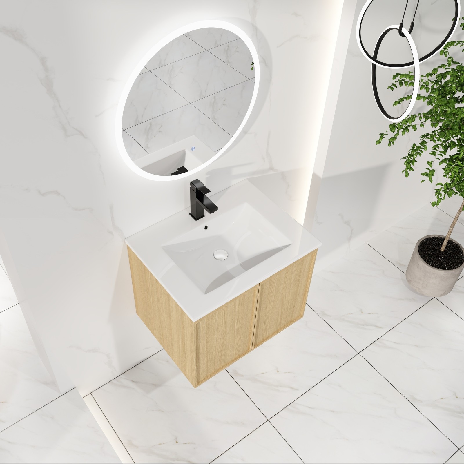 24″ Floating Bathroom Vanity with Sink, Light Oak Wall-Mounted Cabinet