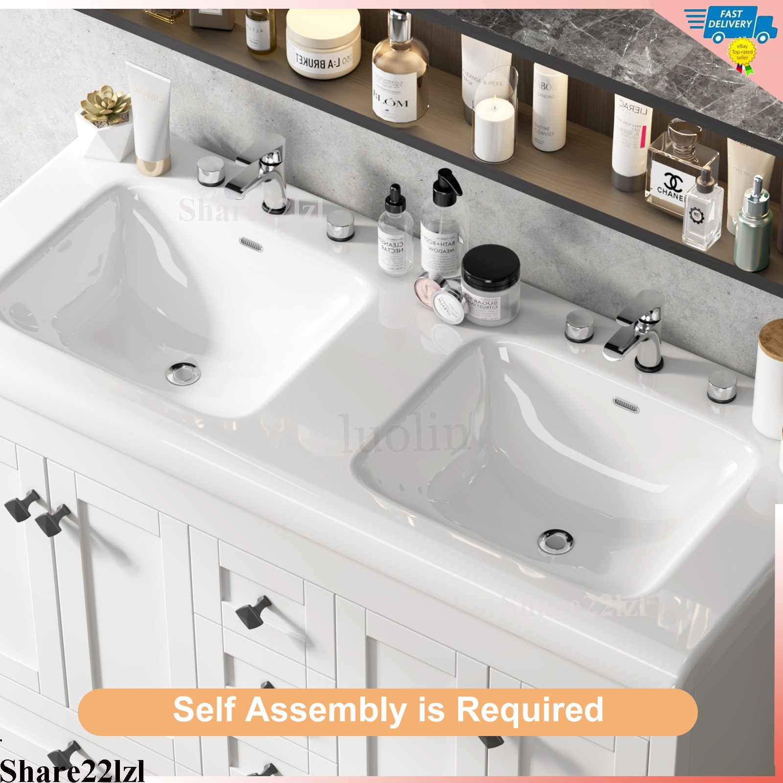 White 47inch Bathroom Vanity Bathroom Storage Cabinet with Double Ceramic Sink